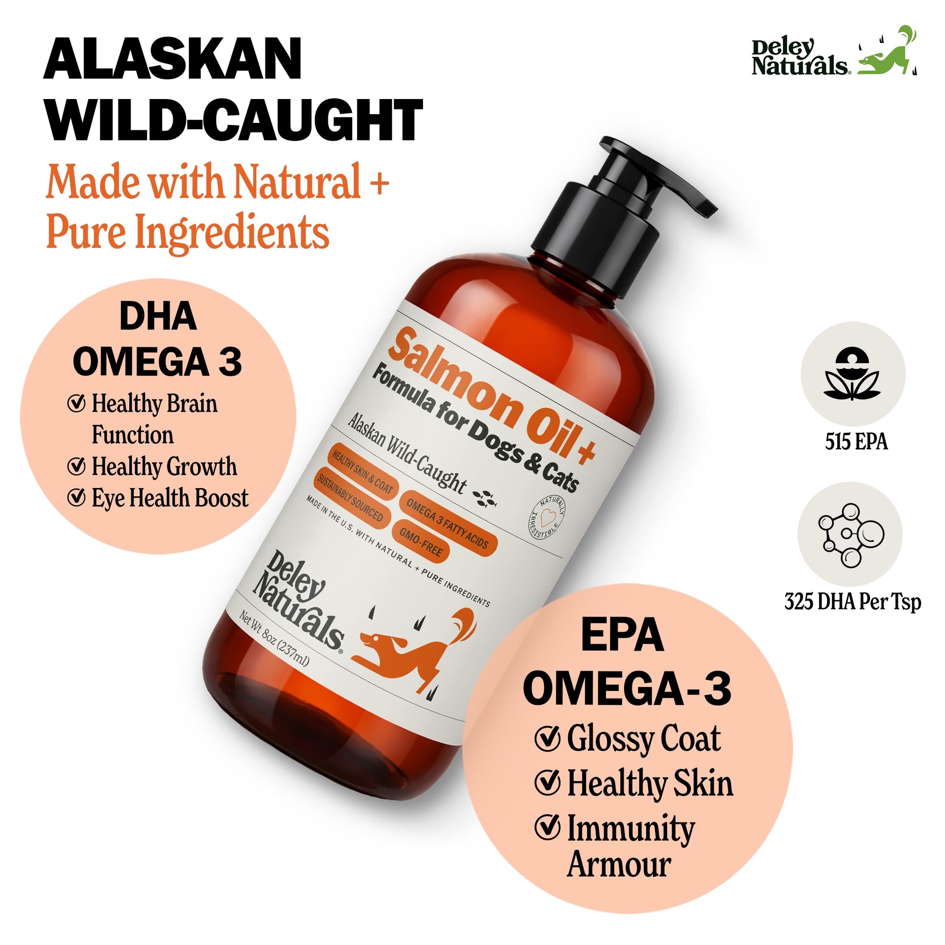 Deley Naturals Wild Alaskan Salmon Oil for Dogs & Cats - New and Improved Salmon Oil Plus Formula - Fish Oil for Dogs with Omega 3, DHA and EPA - Omega 3 for Healthy Skin and Coat - 8oz Made in USA Deley NaturalsAu supplements