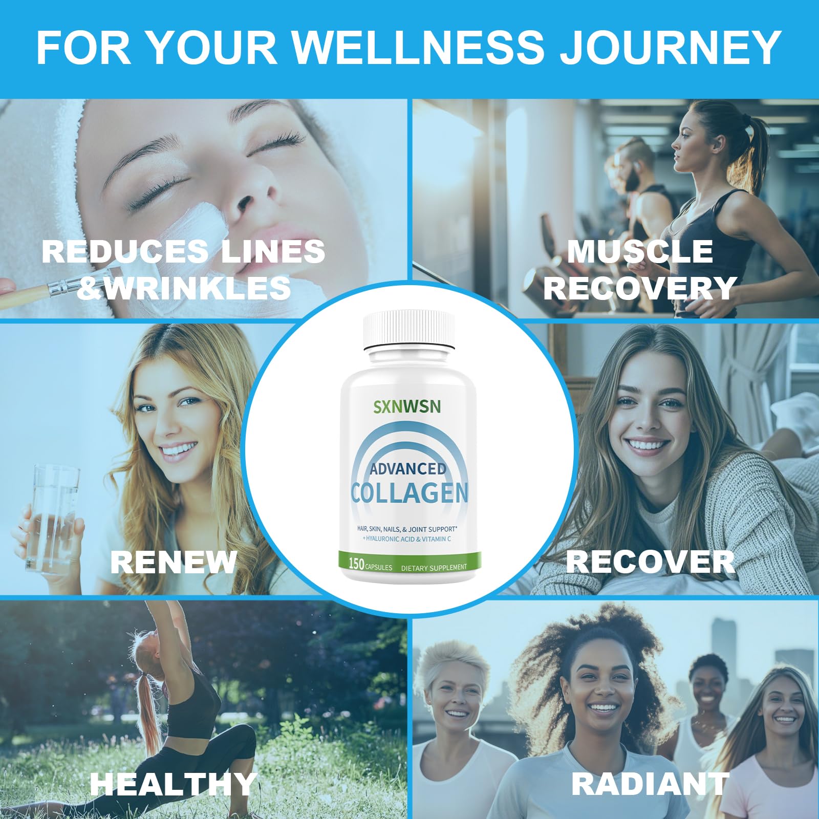 Advanced Multi Collagen Supplement with Vitamin C + Hyaluronic Acid - Hydrolyzed Collagen Peptides Supports for Skin, Joints & Hair* | Collagen Complex 150 Capsules for Women or Men SXNWSNAu supplements