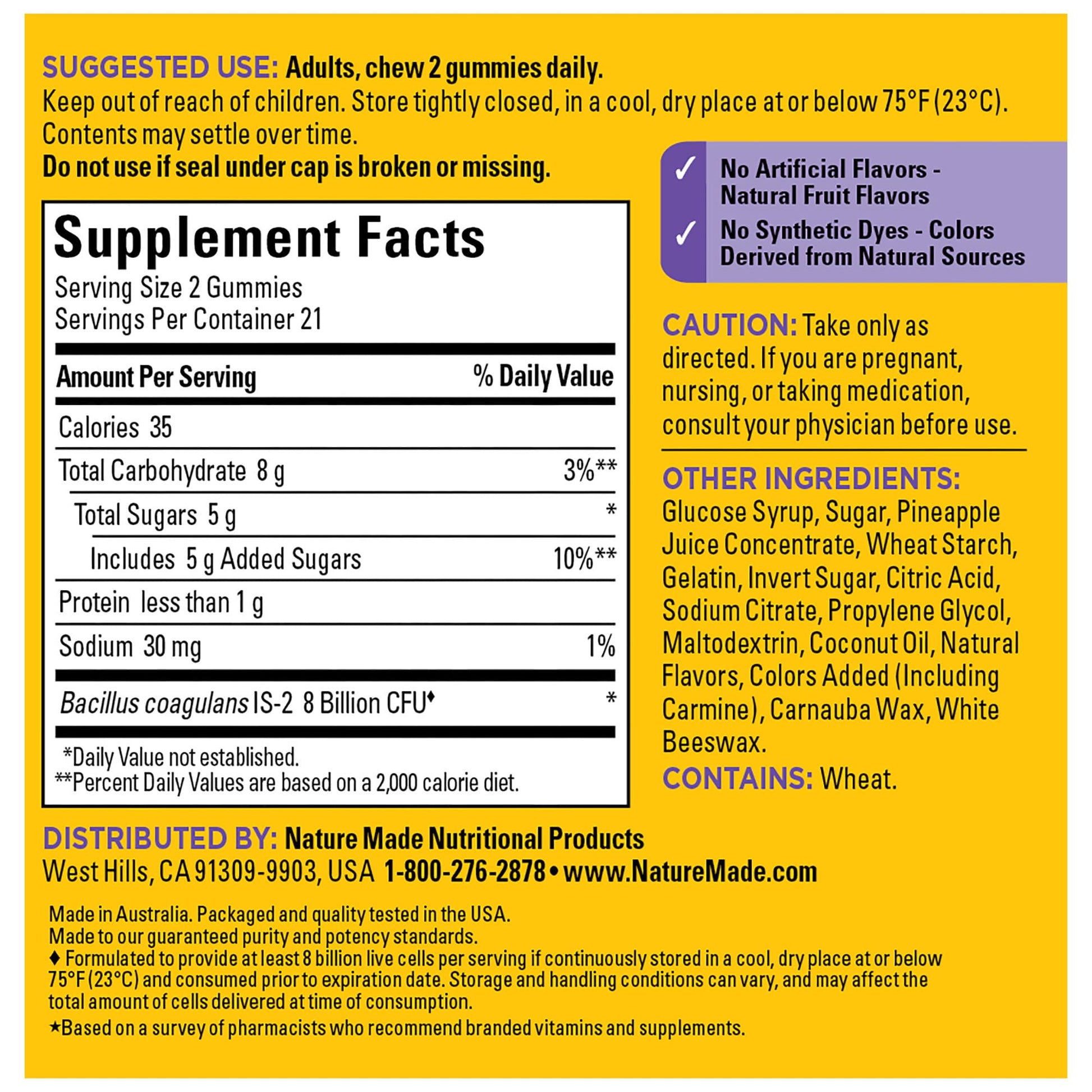 Nature Made Probiotics Extra Strength Dosage, Probiotics for Women and Men 8 Billion CFU per 2 Gummies, 42 Probiotic Gummies, 21 Day Supply Nature MadeAu supplements