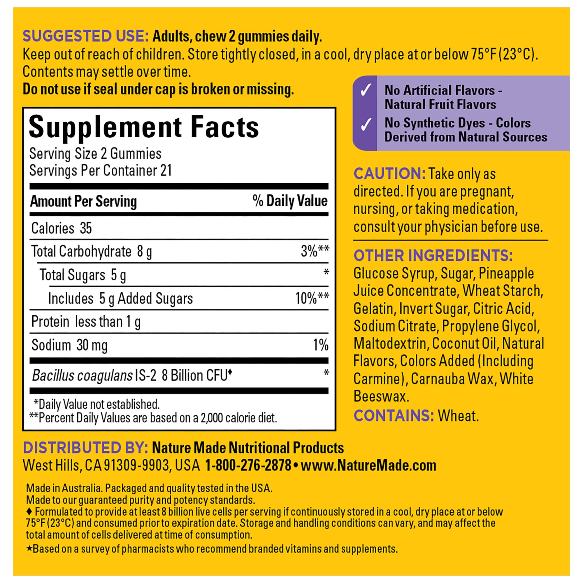 Nature Made Probiotics Extra Strength Dosage, Probiotics for Women and Men 8 Billion CFU per 2 Gummies, 42 Probiotic Gummies, 21 Day Supply Nature MadeAu supplements