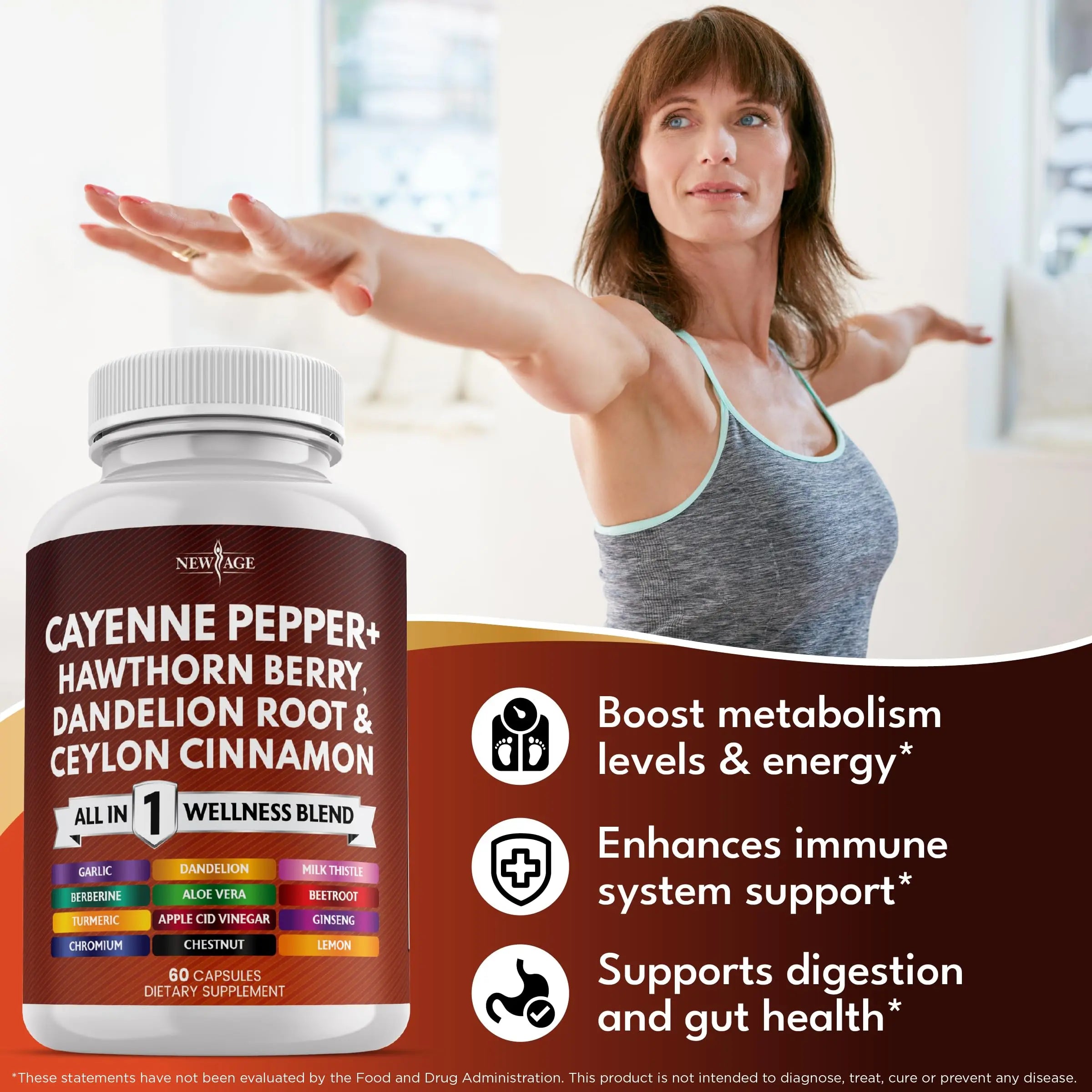 NEW AGE Cayenne Pepper Capsules Supplement with Hawthorn Berry, Dandelion Root, Ceylon Cinnamon, Garlic, Ginger, ACV, Milk Thistle, Beet Root, Aloe Vera - 120 Count NEW AGEnz supplements