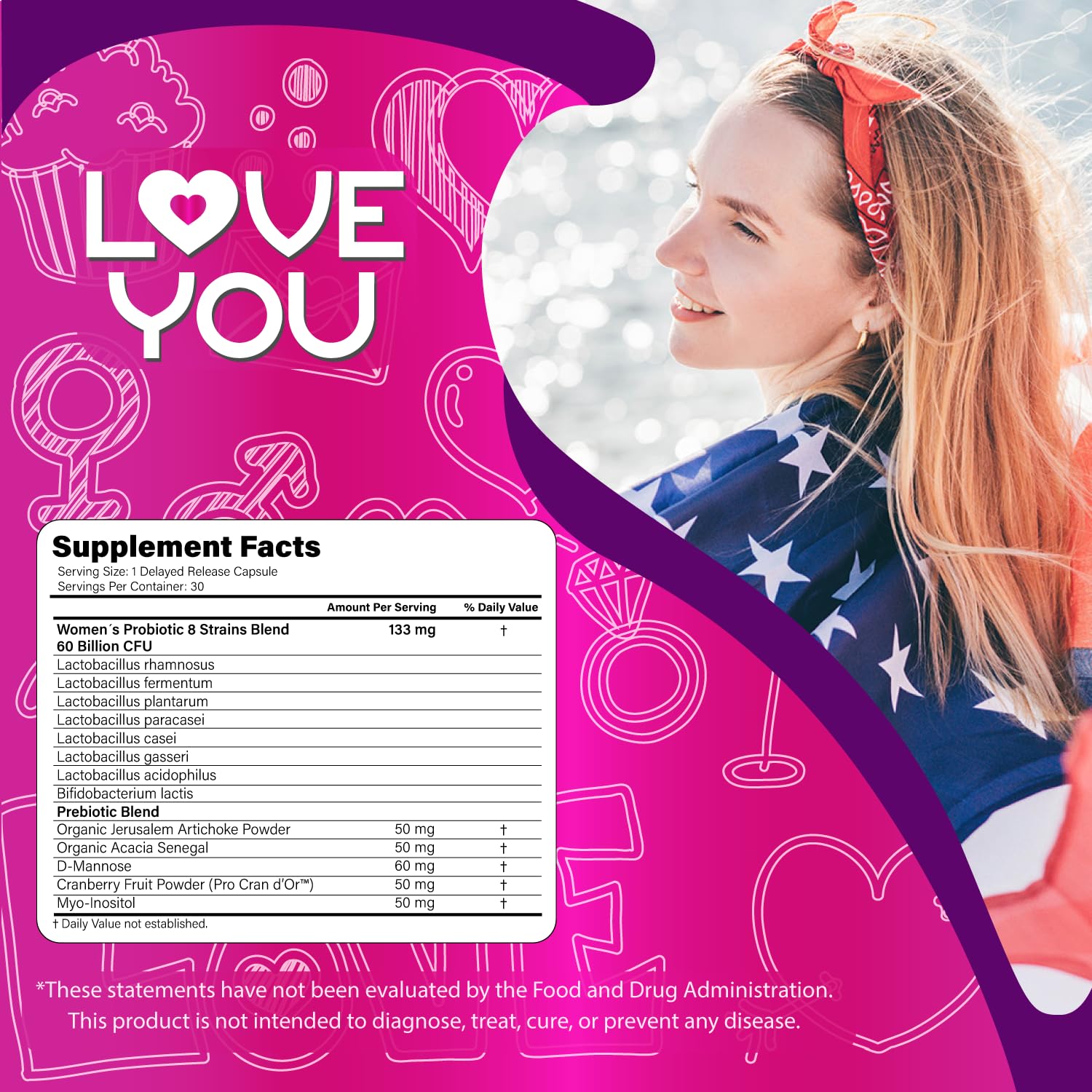 Love You Womens Probiotic, Ph Balance, Ut, Feminine, Vaginal Health Supplement, Digestive, Pre + Pro + Postbiotic, Delayed Release, 60 Billion Live CFU, 8-Strain Probiotic Blend, 30 Veg Caps Servings Love YouAu supplements