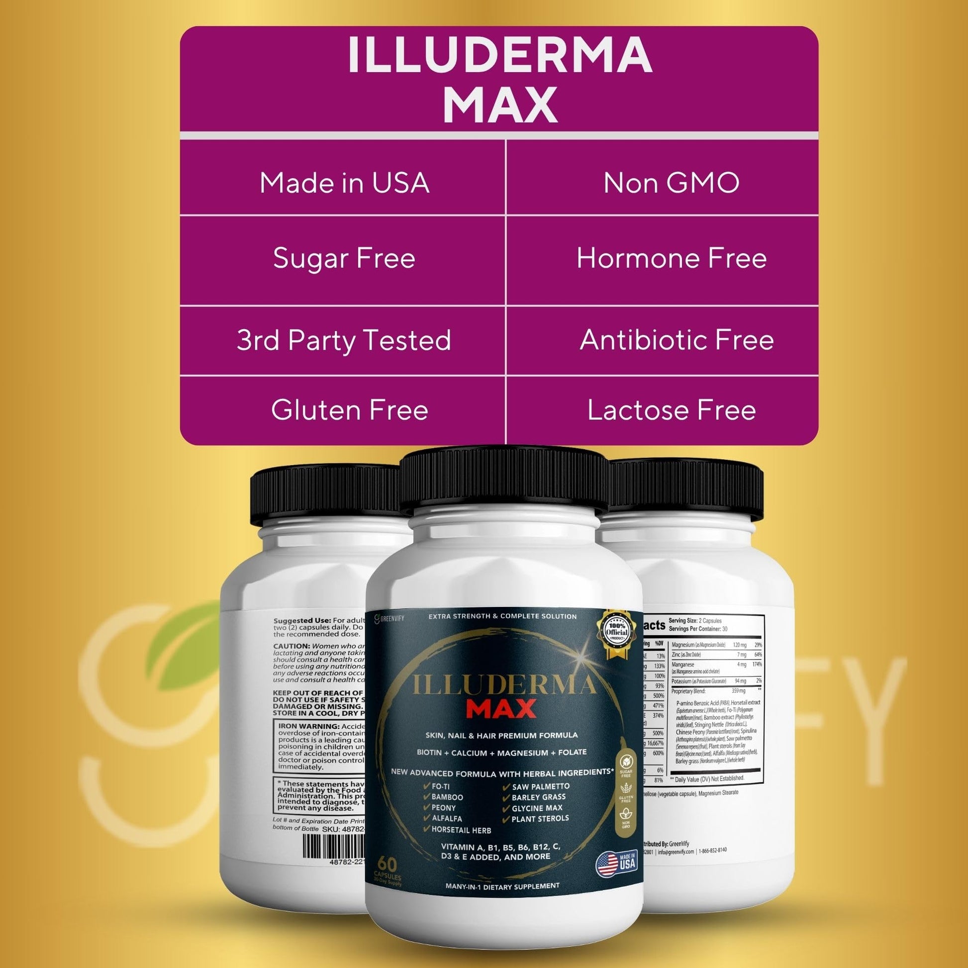 GREENVIFY Illuderma Max Hair, Skin and Nail Supplement, 60 Capsules, with Biotin 5000mcg, Vitamins and Herbal Blend (1) GREENVIFYAu supplements