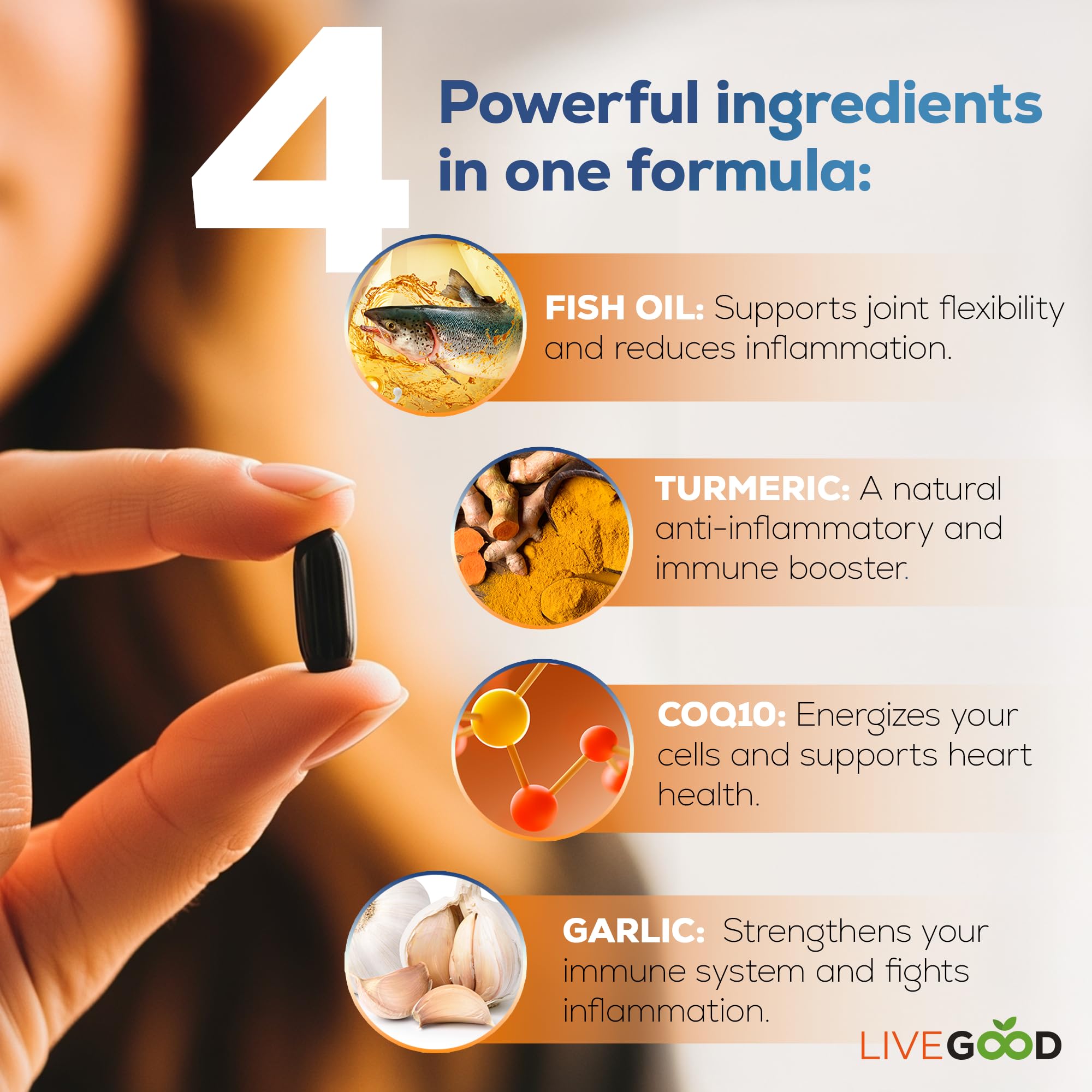 LIVEGOOD™ Factor 4, Omega 3 Fish Oil with EPA & DHA, CoQ10, and Turmeric, Advanced Q10 Coenzyme & CoQ10 Supplements, DHA Supplements for Heart, Joint & Immune Support, Made in USA, 60 Count, LIVEGOODAu supplements