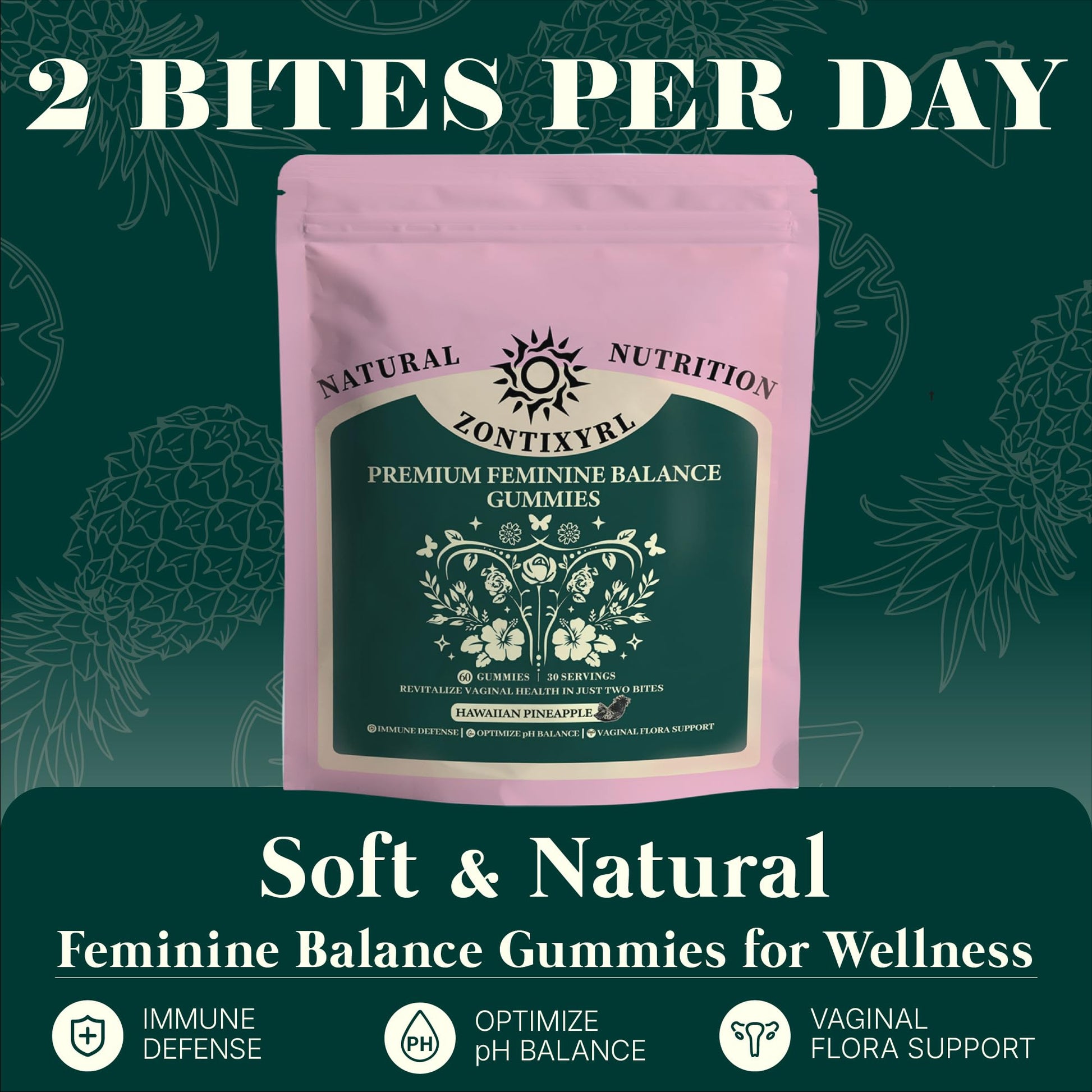 Zontixyrl Premium Feminine Balance Gummies Women - Pineapple Gummies for Women pH Probiotic and Immune Support Vegan Gluten Free 60 Gummies 30 Servings ZontixyrlAu supplements