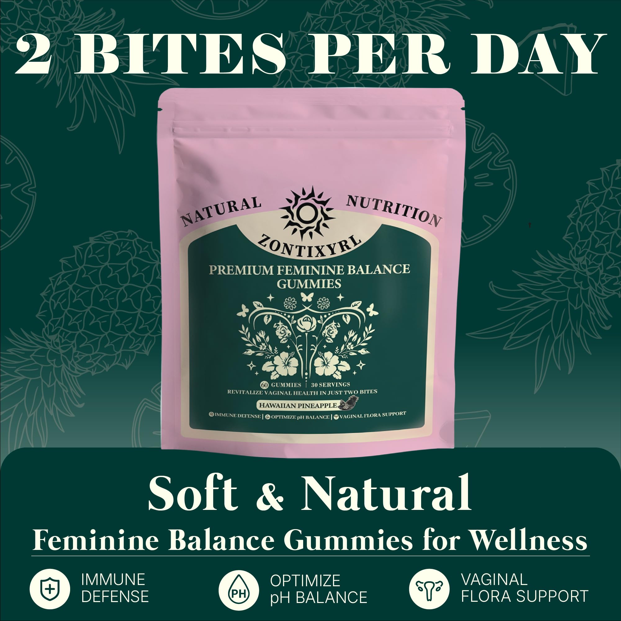 Zontixyrl Premium Feminine Balance Gummies Women - Pineapple Gummies for Women pH Probiotic and Immune Support Vegan Gluten Free 60 Gummies 30 Servings ZontixyrlAu supplements