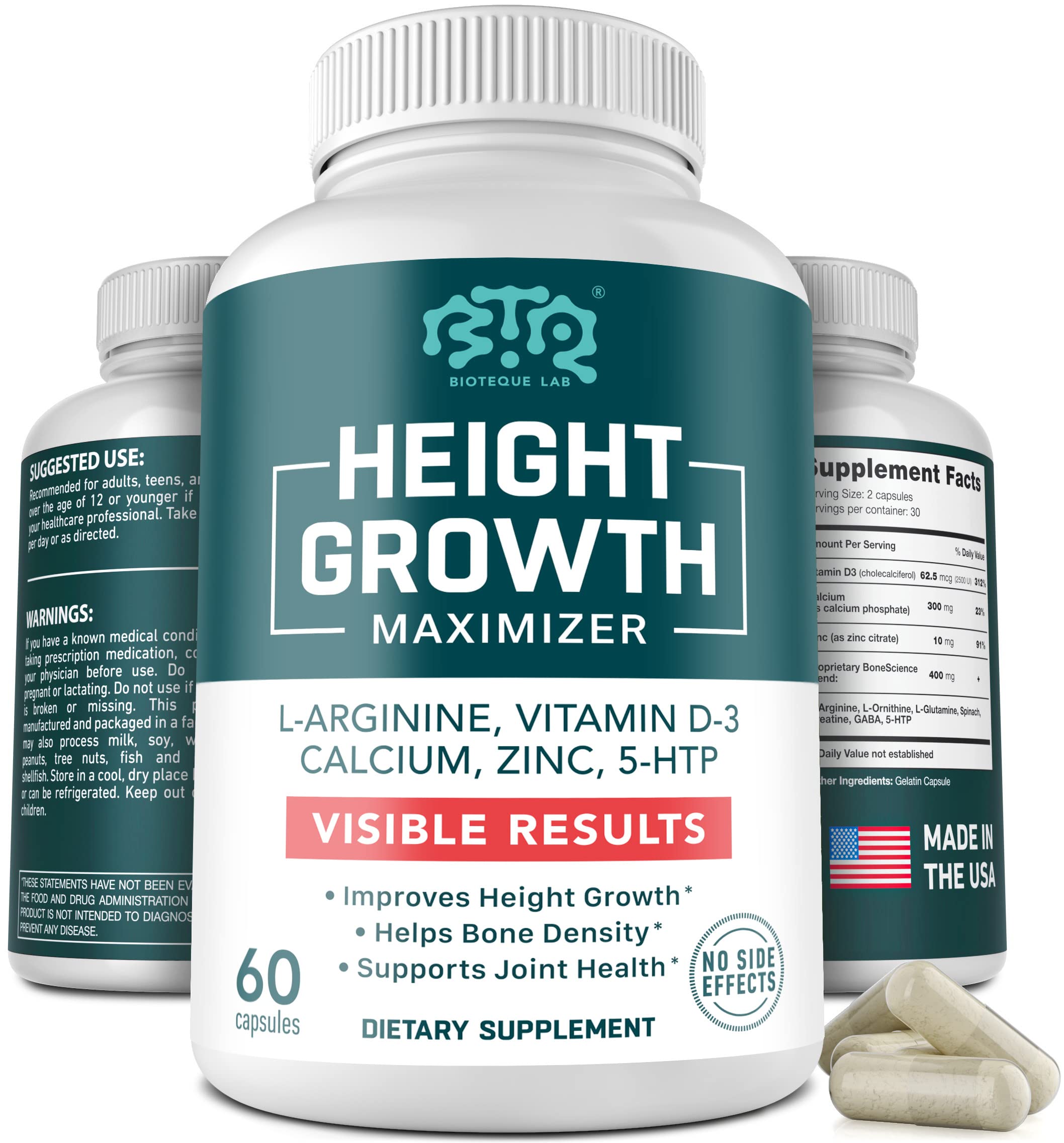 BIOTEQUELAB Height Growth Maximizer, Calcium, Vitamin D3 and Zinc Blend Pills, Bone Growth Supplement for Kids and Teens, Bone Strength, Density Support, GMO-Free, Gluten-Free, Made in USA, 60 Caps BTQ BIOTEQUE LABAu supplements