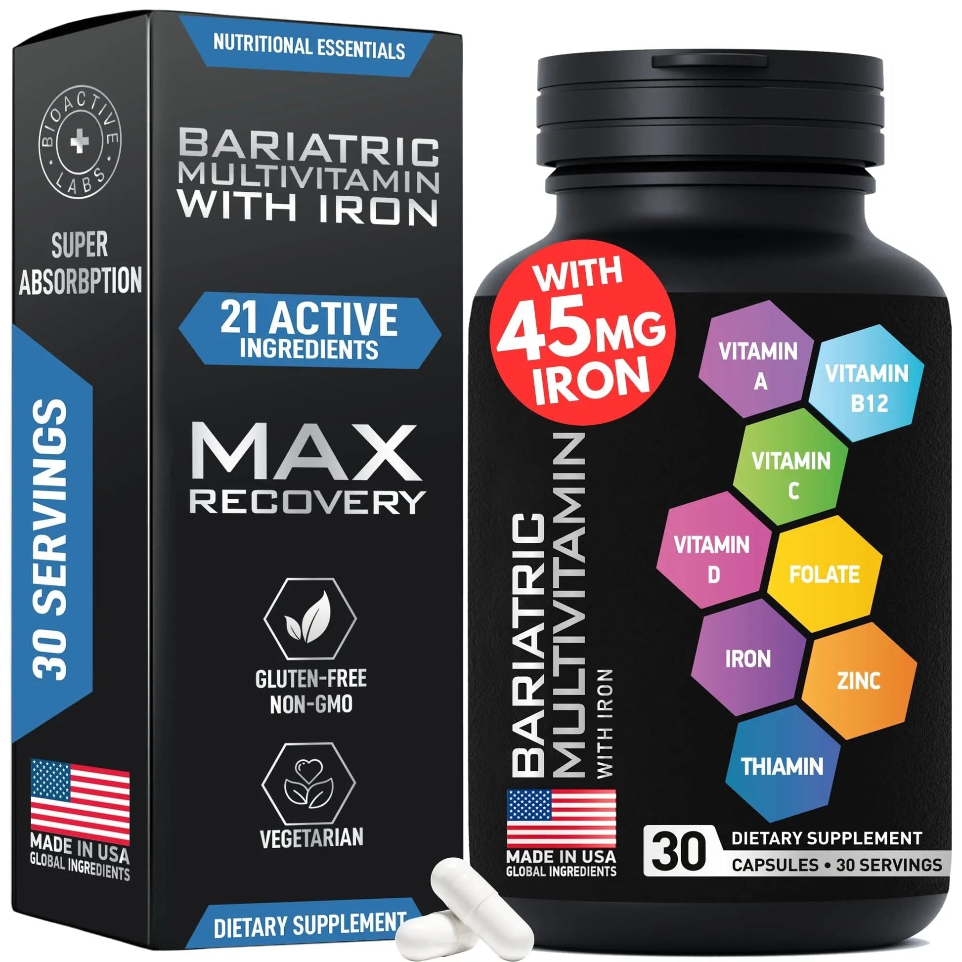 Bariatric Multivitamin with Iron 45mg for Women & Men - 21-in-1 Essential Post Gastric Bypass and Gastric Sleeve Vitamins A,C,D,E, B Complex BIOACTIVE LABSAu supplements