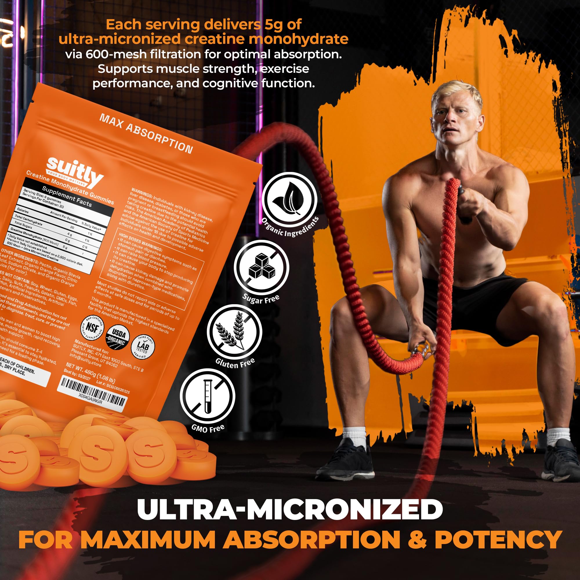 USDA Organic Ultra-Micronized Creatine Gummies for Men & Women; Orange Max Absorption 5g Creatine Gummies Sugar Free for Muscle Gain, Energy & Recovery; Muscle Builder for Women with Pouch - 120 Count SuitlyAu supplements
