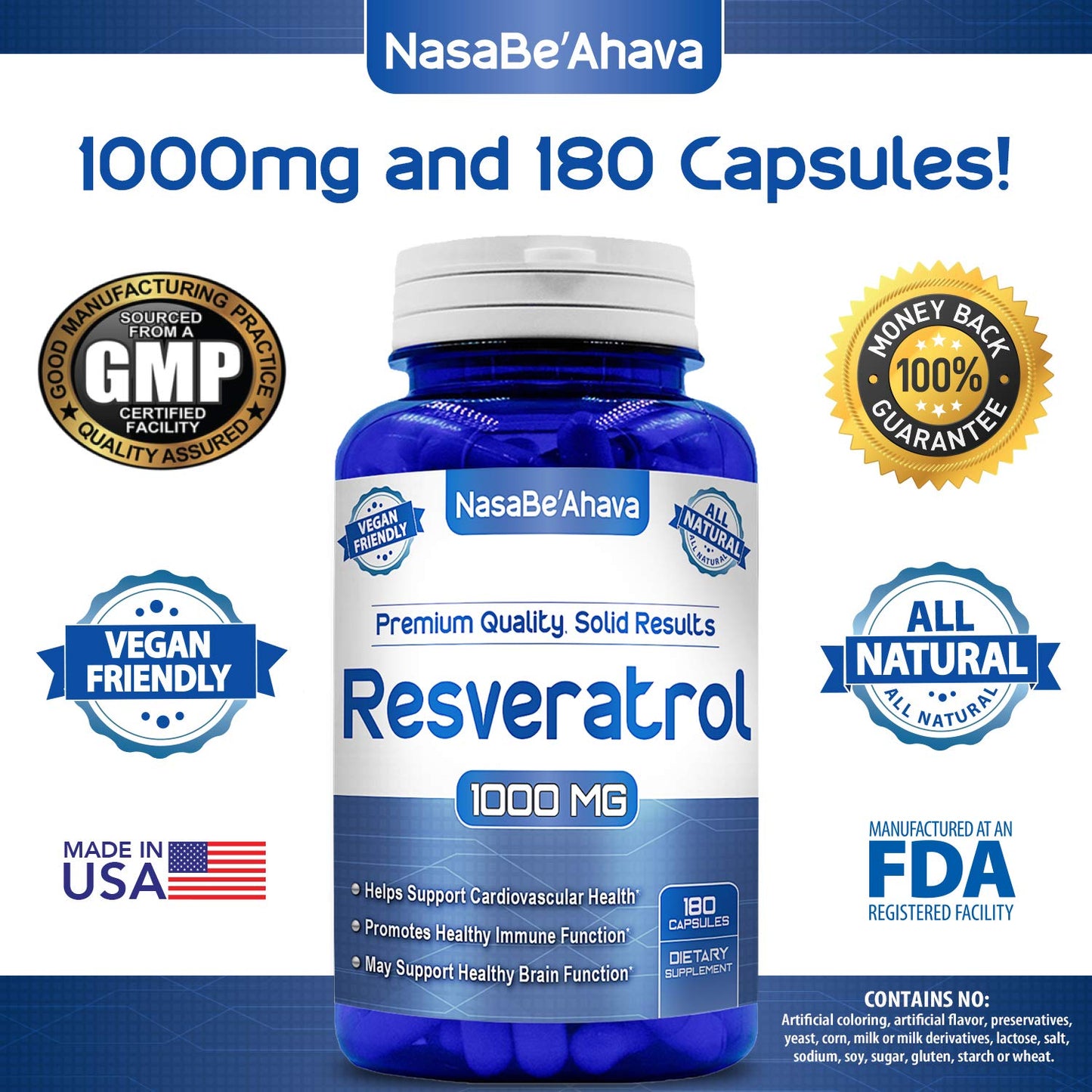 NASA Beahava 100% Pure Resveratrol - 1000mg Per Serving Max Strength (180 Capsules) NasaBeahavaUS supplements