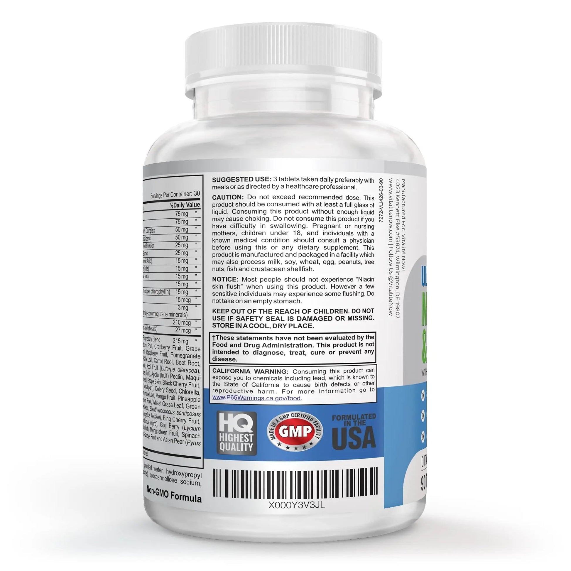 Vegan Whole Food Multivitamin & Mineral - Vitamins A B1 B2 B6 B12 C D3 E & 110 Super Foods, Herbs, Greens & Reds Vitalité Now!Au supplements