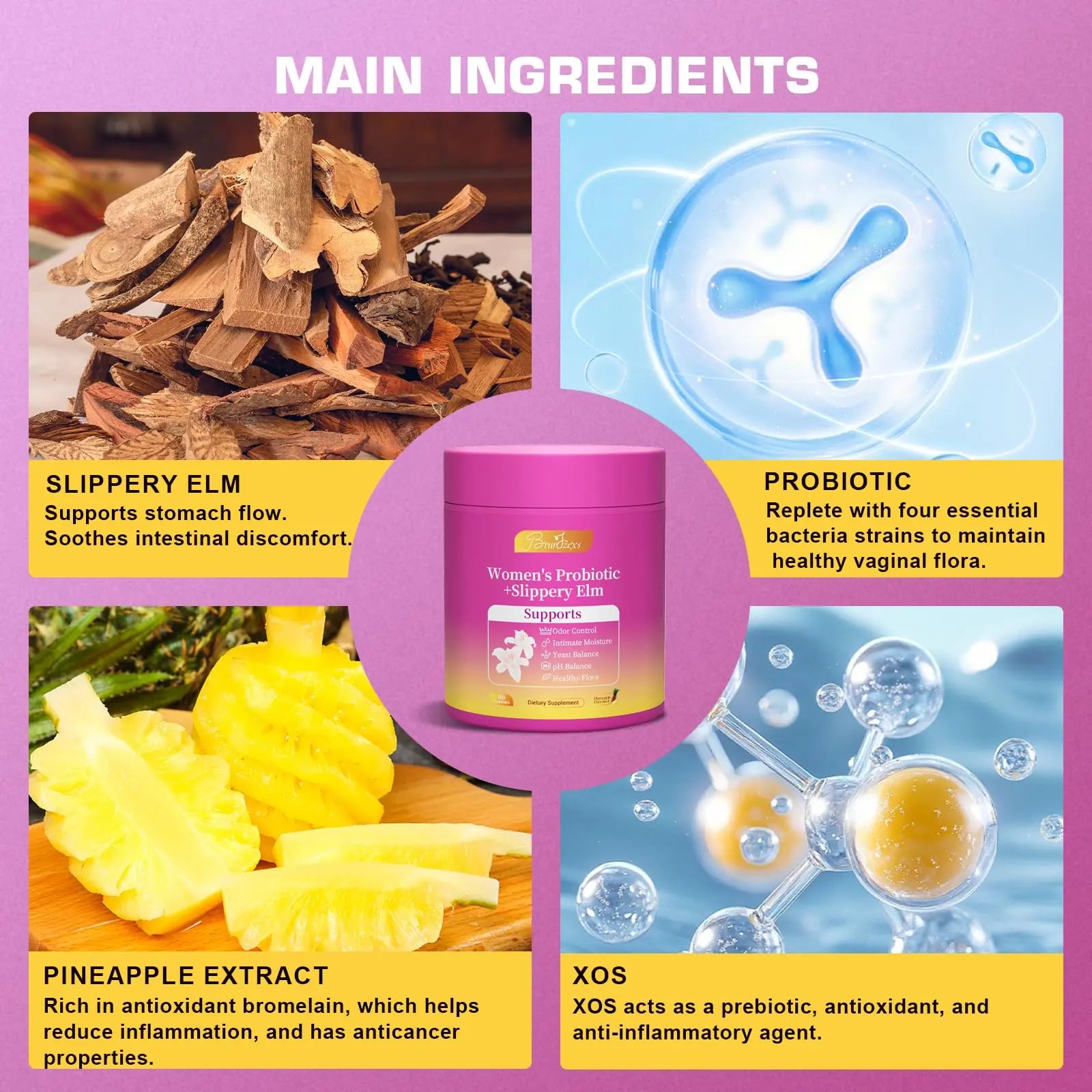 Brurtzexs Her Juicy Feminine Probiotics Gummies for Women with Slippery Elm - Pineapple Flavor, pH Balance & Immune Health Support - Digestive & Feminine Support - Vegan Supplement, 60 C Brurtzexsnz supplements