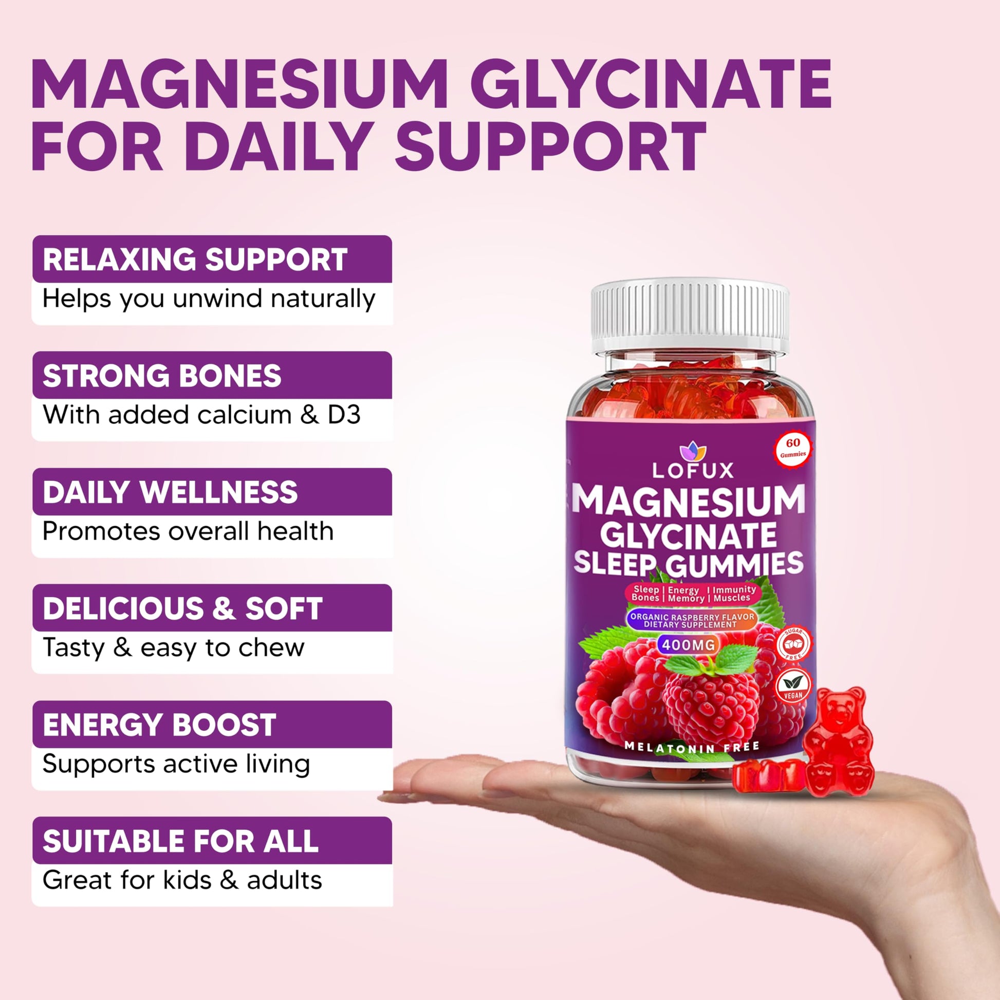 Lofux Magnesium Glycinate Gummies 400mg, Sugar Free Magnesium Gummies for Adults Women, Men, Chewable Supplement Gummy with L-Threonate, Vitamin D, B6, CoQ10 - for Calm, Sleep, Body Relaxation, 120 Ct LofuxAu supplements