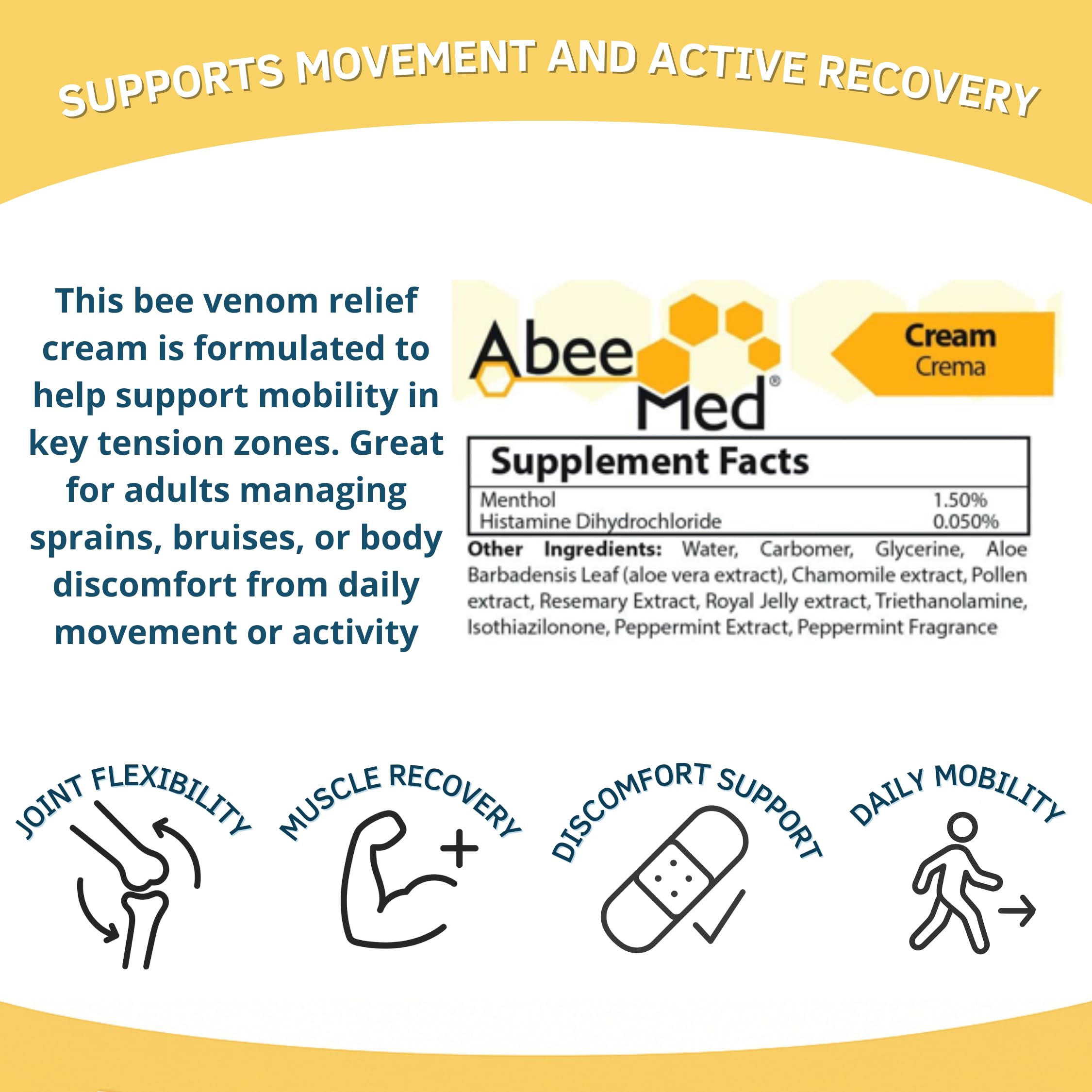 ABEE MED Extra Strength Joint & Muscle Relief Cream – Menthol Cooling & Warming Formula with Bee Pollen, Aloe & Chamomile – Fast-Absorbing Comfort Cream for Back, Knees & Muscles – 2 oz ABEE MEDAu supplements