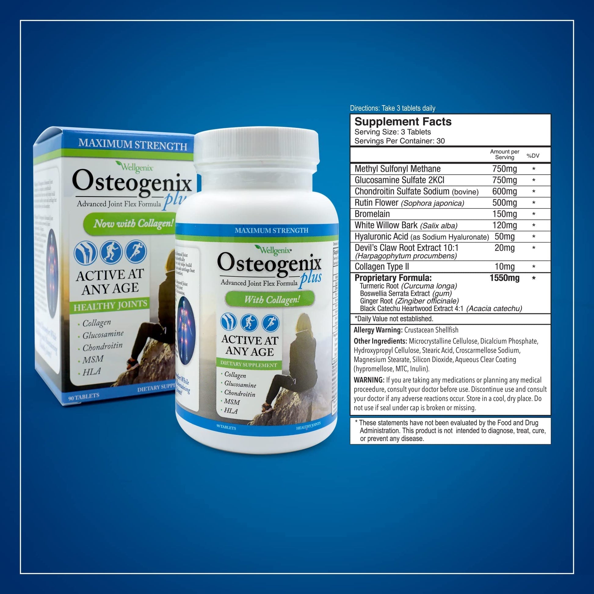 Wellgenix Osteogenix Advanced Joint Flex Formula (90 Ct) - Knee Supplement with Collagen II, Glucosamine, Chondroitin, MSM & HLA - Lubrication & Discomfort Support Tablets for Men & Women WellgenixAu supplements