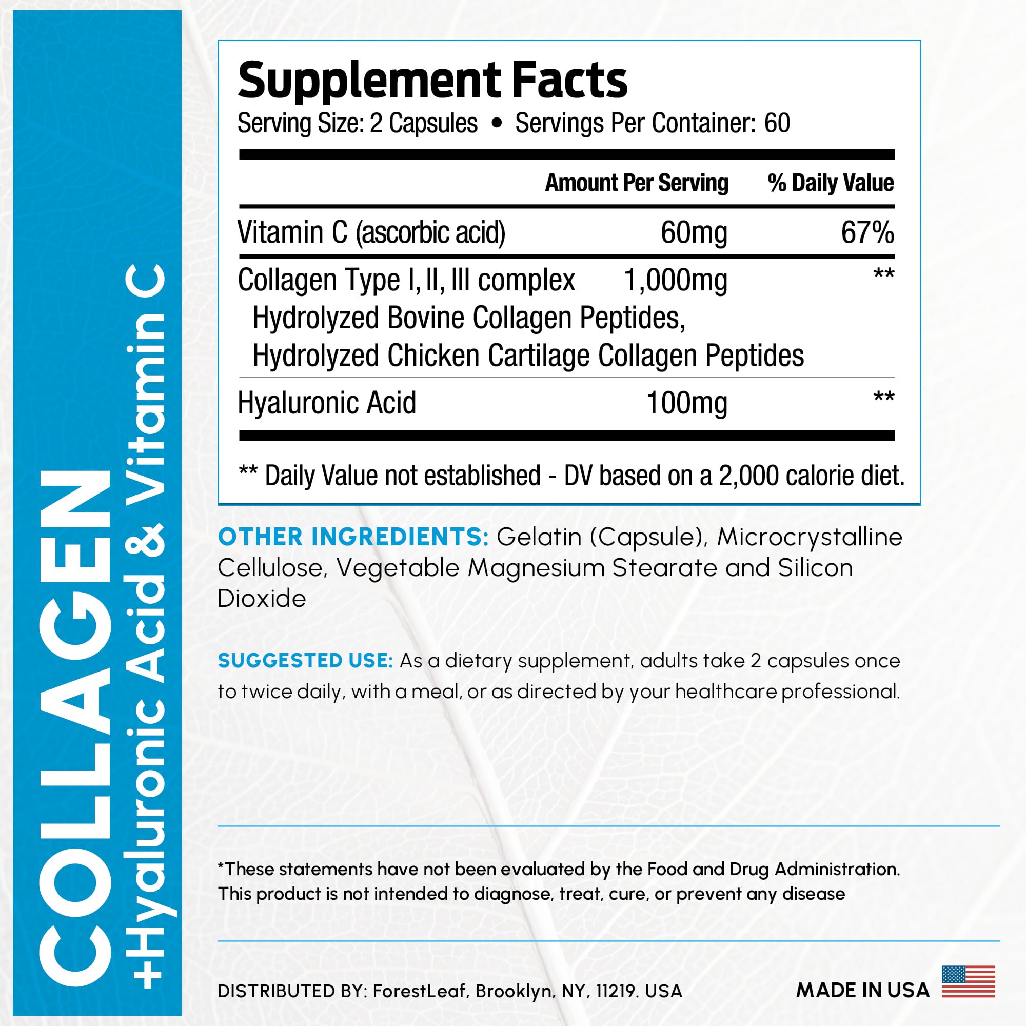 ForestLeaf Multi Collagen Pills with Hyaluronic Acid + Vitamin C | Hydrolyzed Collagen Supplements for Women or Men | Multi Collagen Capsules Peptides for Skin