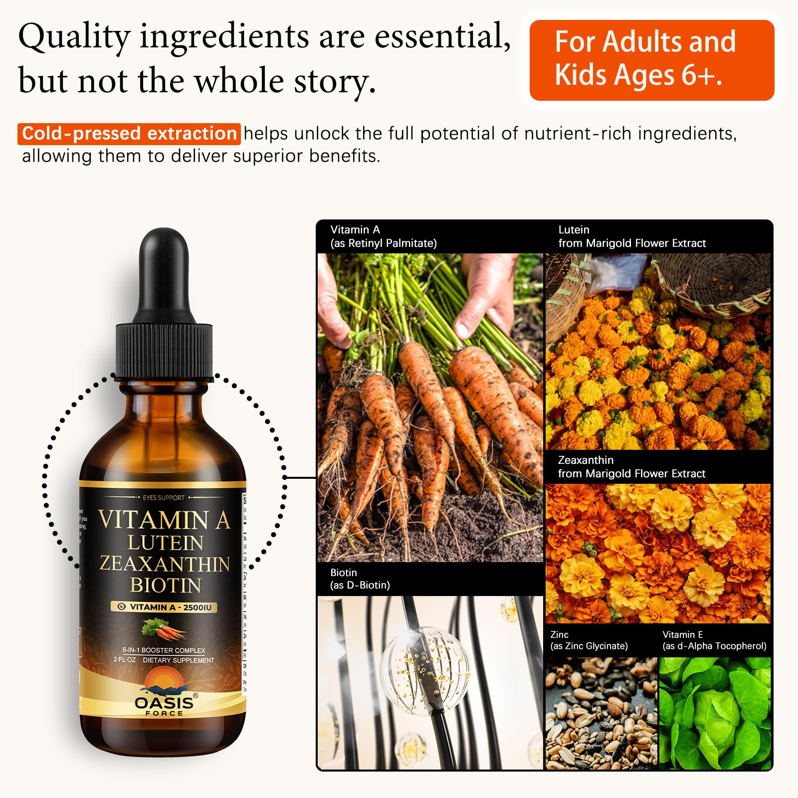 OASIS FORCE 6 in 1 Vitamin A Liquid Drops with Lutein & Zeaxanthin, Vita A Retinyl Palmitate for Skin, Vision & Immune Support, Adults & Kids Ages 6+, Vegan, Non-GMO, 2 Fl Oz OASIS FORCEAu supplements