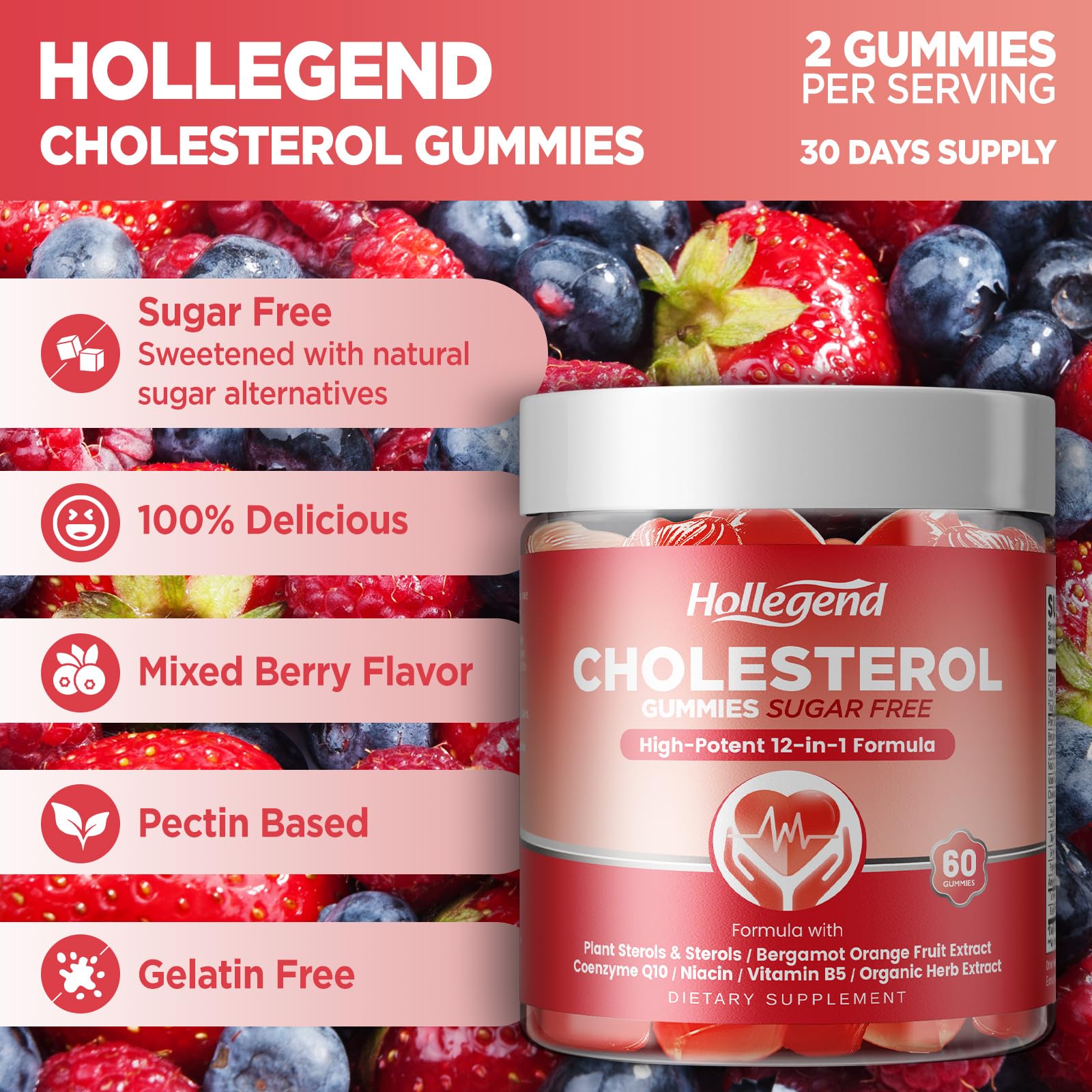 HOLLEGEND Cholesterol Gummies Sugar-Free,12-in-1 Cholesterol Supplements with Plant Sterols,Citrus Bergamot,CoQ10 and Vitamins for Cholesterol Health, Vegan, Mixed Berry Flavor, 60 Counts HOLLEGENDAu supplements