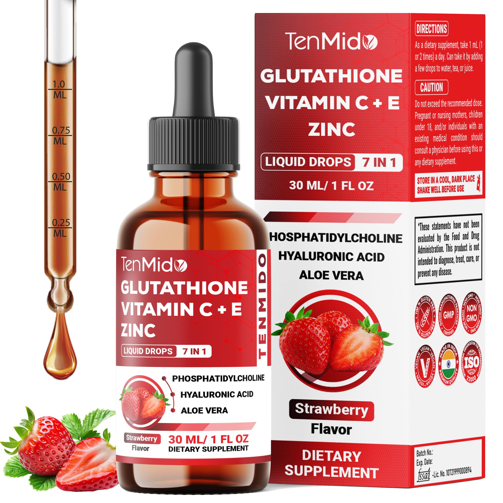 Tenmido Liposomal Glutathione Supplement - 7in1 Liquid Drops with Zinc, Vitamin C, Vitamin E, Phosphatidylcholine, Hyaluronic Acid, and Aloe Vera - Vegan, Non-GMO - 30ml 1 Fl Oz TenmidoAu supplements