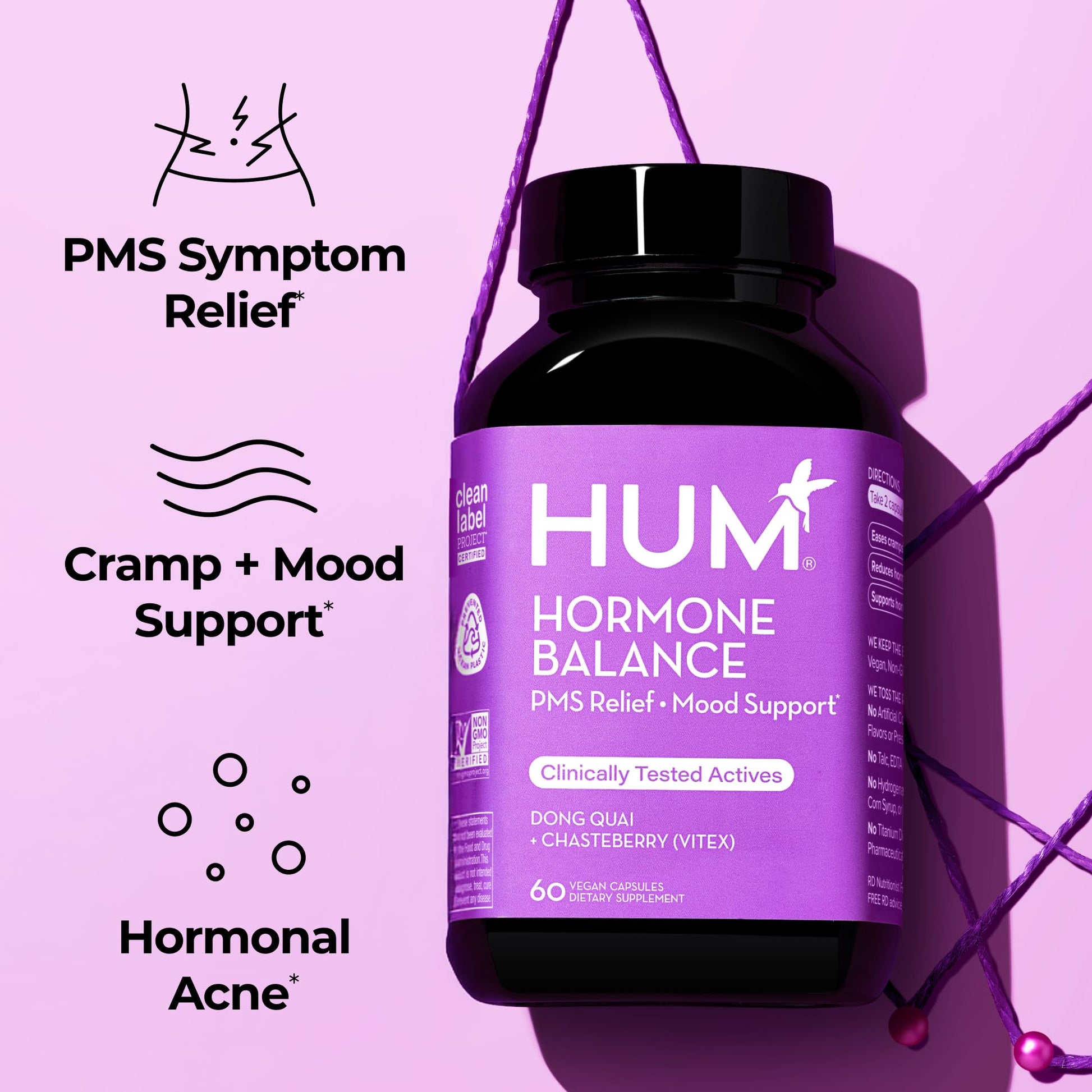 HUM Hormone Balance for Women, Supplement for Women's Health with Chasteberry & Dong Quai, Support for PMS Symptoms, Cramps, Irritability, Hormonal Balance, Monthly Support, 60 Capsules HUMUS supplements