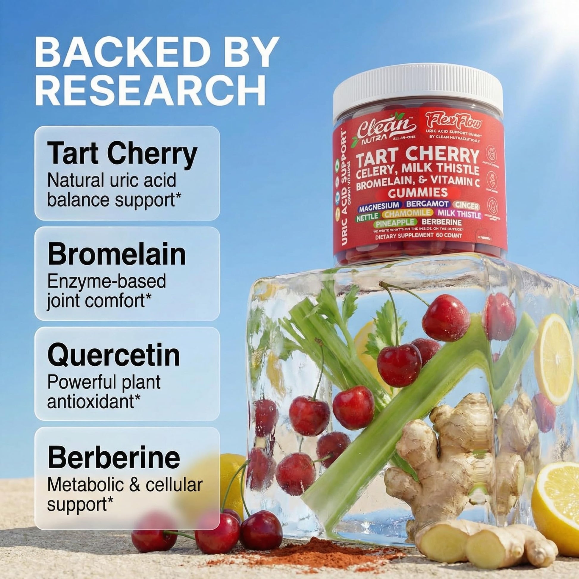 Clean Nutra Tart Cherry Gummies Uric Acid Flush Celery Milk Thistle Bromelain Vitamin C Magnesium Citrus Bergamot Ginger Stinging Nettle Leaf Chamomile Berberine Quercetin Support 60 Gummy Vitamins Clean NutraceuticalsAu supplements