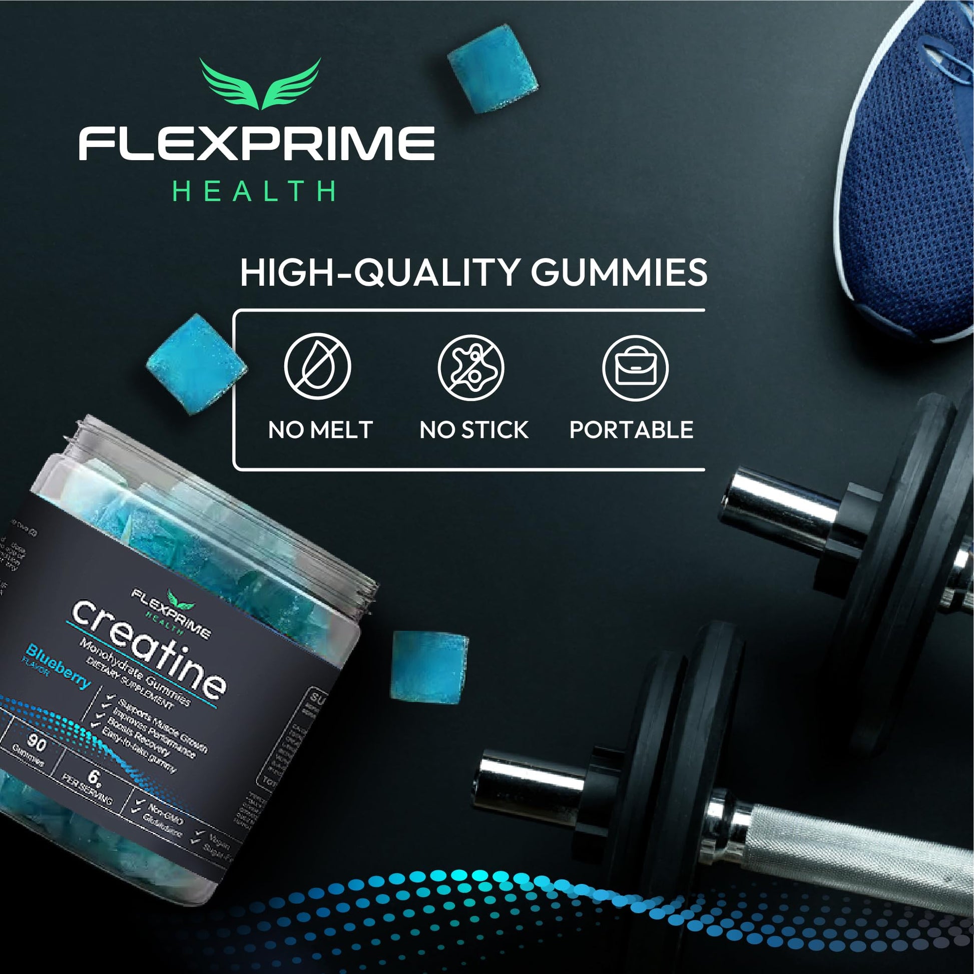 FlexPrime Creatine Gummies Sugar Free - 6g Creatine Monohydrate + L-Taurine, Alpha GPC, Betaine | Vegan Halal Blueberry Chews for Lean Muscle, Strength, Brain Health | Men Women 90 Count FlexPrimeAu supplements
