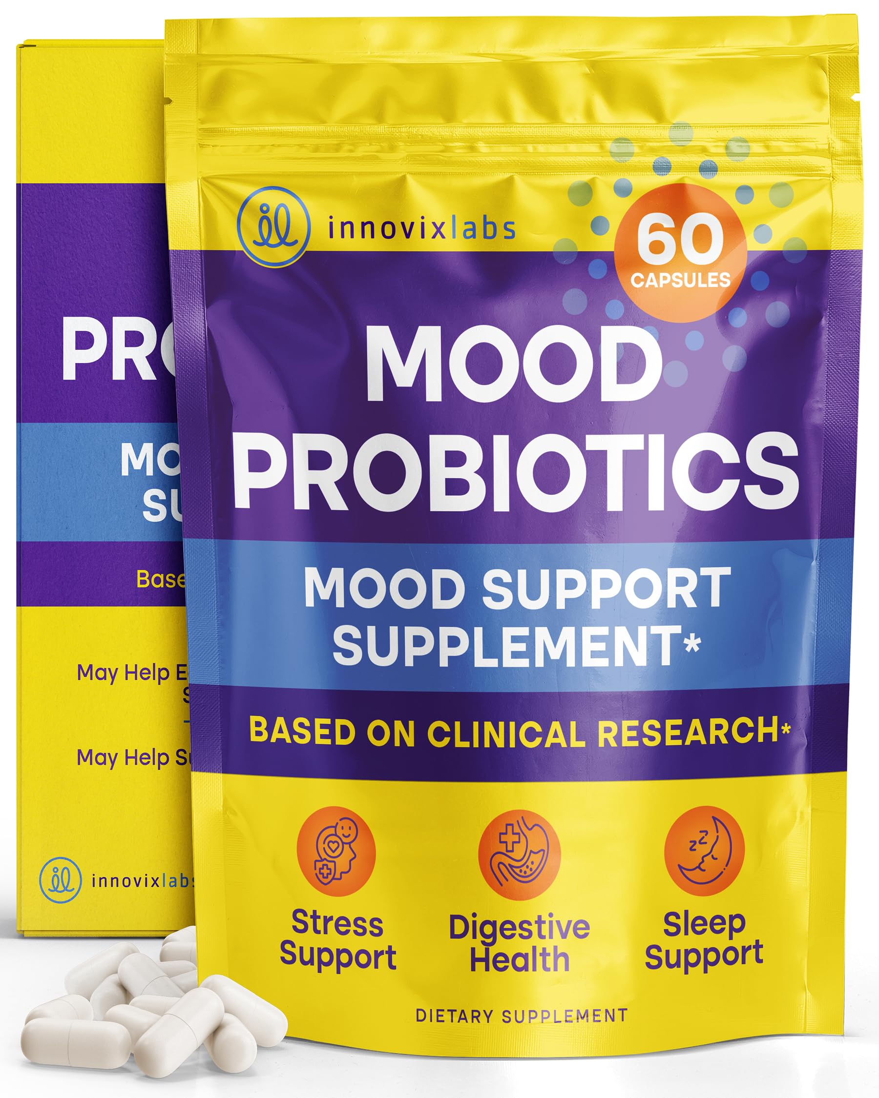 InnovixLabs Mood Probiotic for Women & Men, Clinically Studied Digestive & Mood Support Supplement, Lactobacillus helveticus Rosell-52ND & Bifidobacterium longum Rosell-175, 60 Capsules InnovixLabsAu supplements