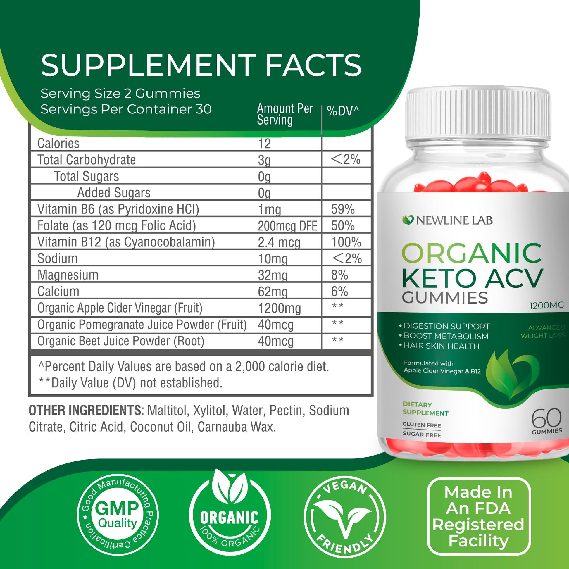 Organic Keto ACV Gummies for Advanced Weight Loss Fat Burn - Sugar Gluten Free Apple Newline LabUS supplements