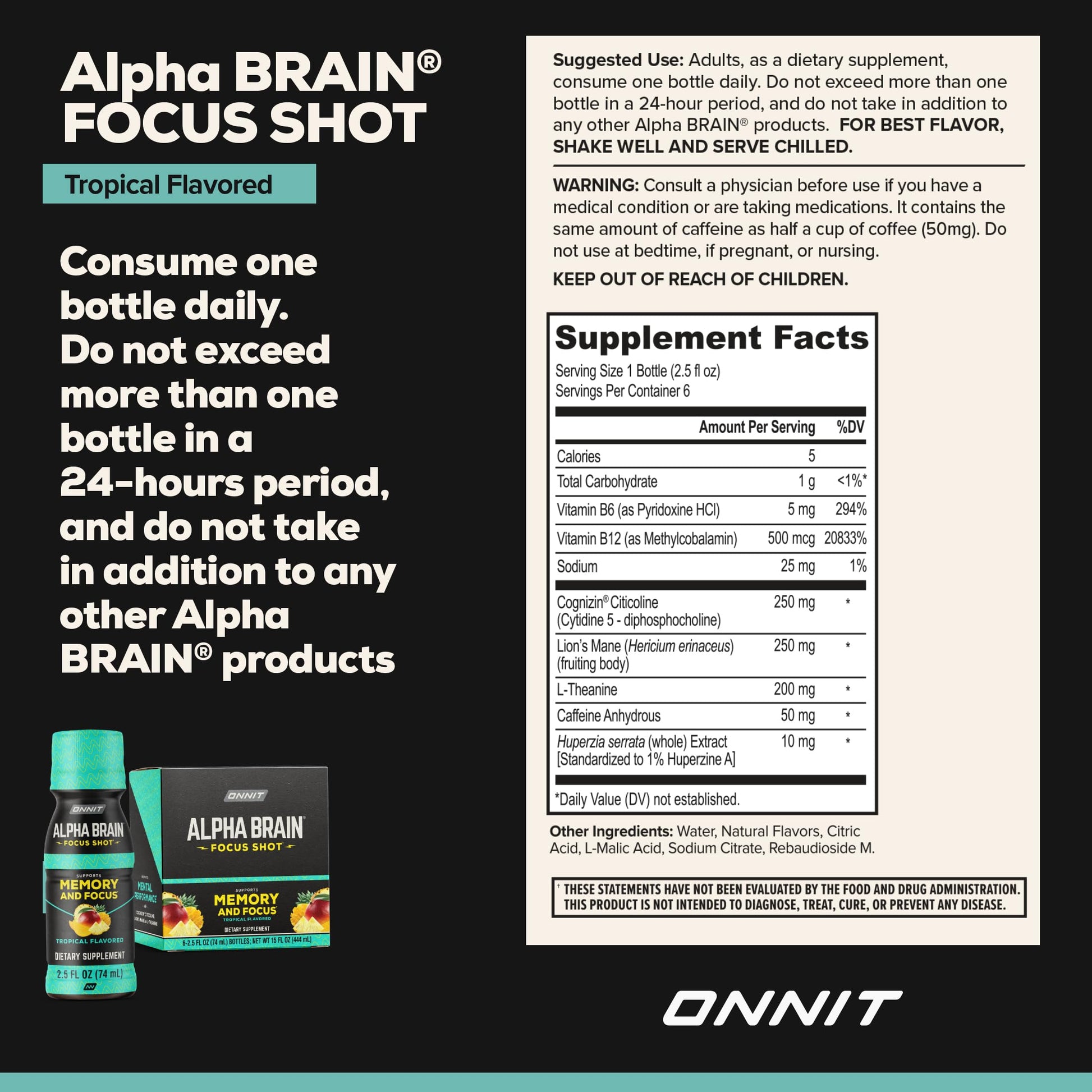 ONNIT Alpha Brain Focus Shot, Tropical Flavor, Nootropic Dietary Supplement Drink That Supports Energy, Focus, and Mood, IGEN™ Non-GMO Tested, 2.5 fl oz, 6 Count ONNITAu supplements