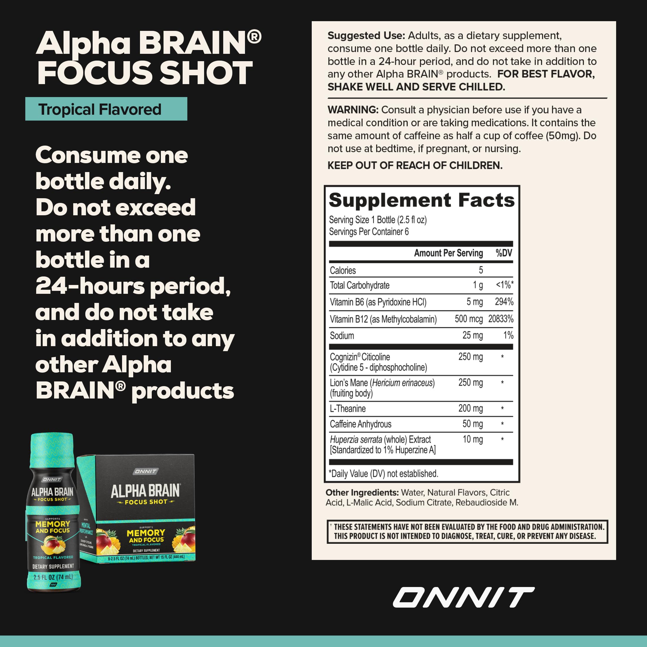 ONNIT Alpha Brain Focus Shot, Tropical Flavor, Nootropic Dietary Supplement Drink That Supports Energy, Focus, and Mood, IGEN™ Non-GMO Tested, 2.5 fl oz, 6 Count ONNITAu supplements