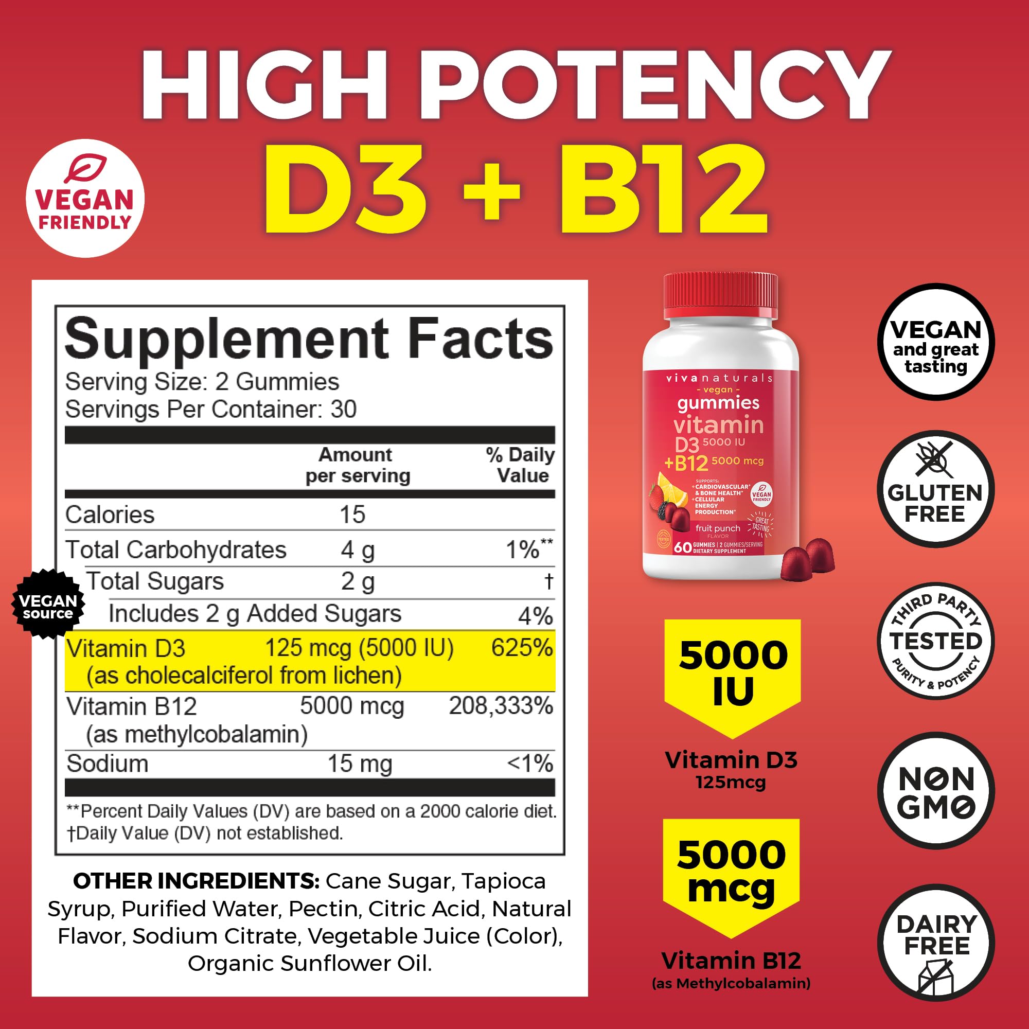 Viva Naturals Plant-Based B12 Gummies with Vitamin D3 - Chewable 5000mcg B12 Viva NaturalsAu supplements