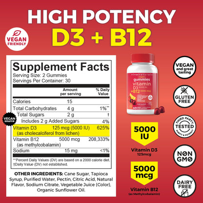 Viva Naturals Plant-Based B12 Gummies with Vitamin D3 - Chewable 5000mcg B12 Viva NaturalsUS supplements