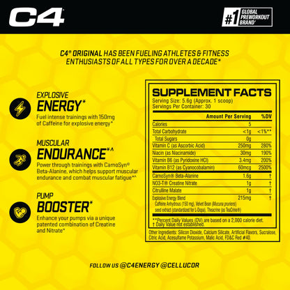 Cellucor C4 Original Pre Workout Powder Watermelon Sugar Free Preworkout Energy CellucorUS supplements