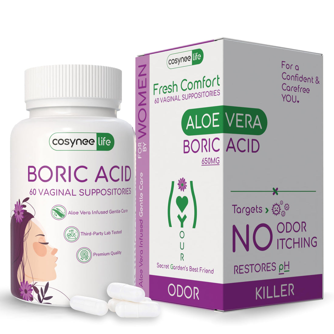 cosynee Boric Acid Capsules for Women with Aloe Vera – 60 Capsules, 650mg Each – Feminine Hygiene Support cosyneeUS supplements