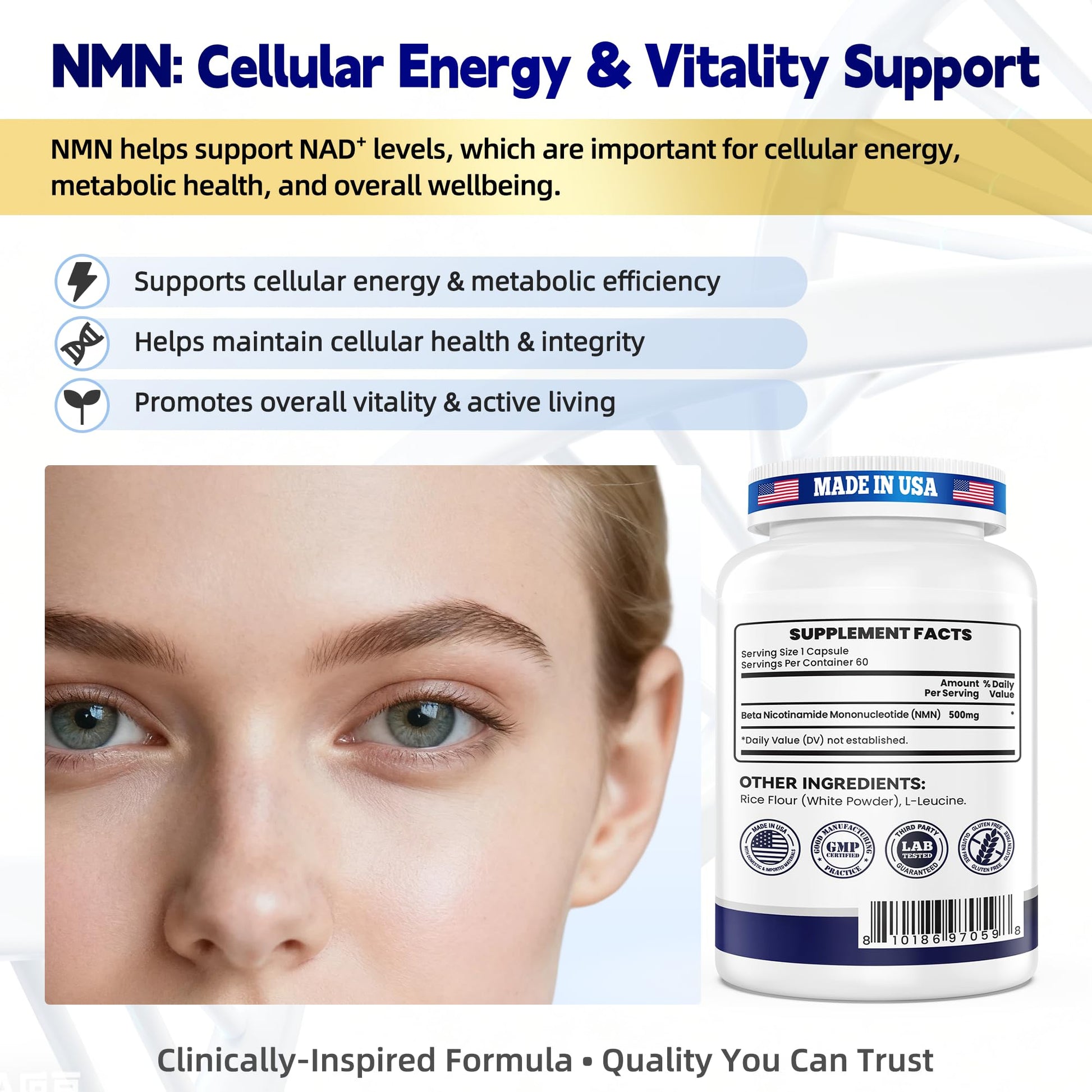NMN 500MG Per Capsule – High Purity 99.9% NMN, NAD+ Support for Cellular Energy & Healthy Aging, 60 Capsules, Third-Party Tested, cGMP Made in USA I LOVE HEALTHAu supplements