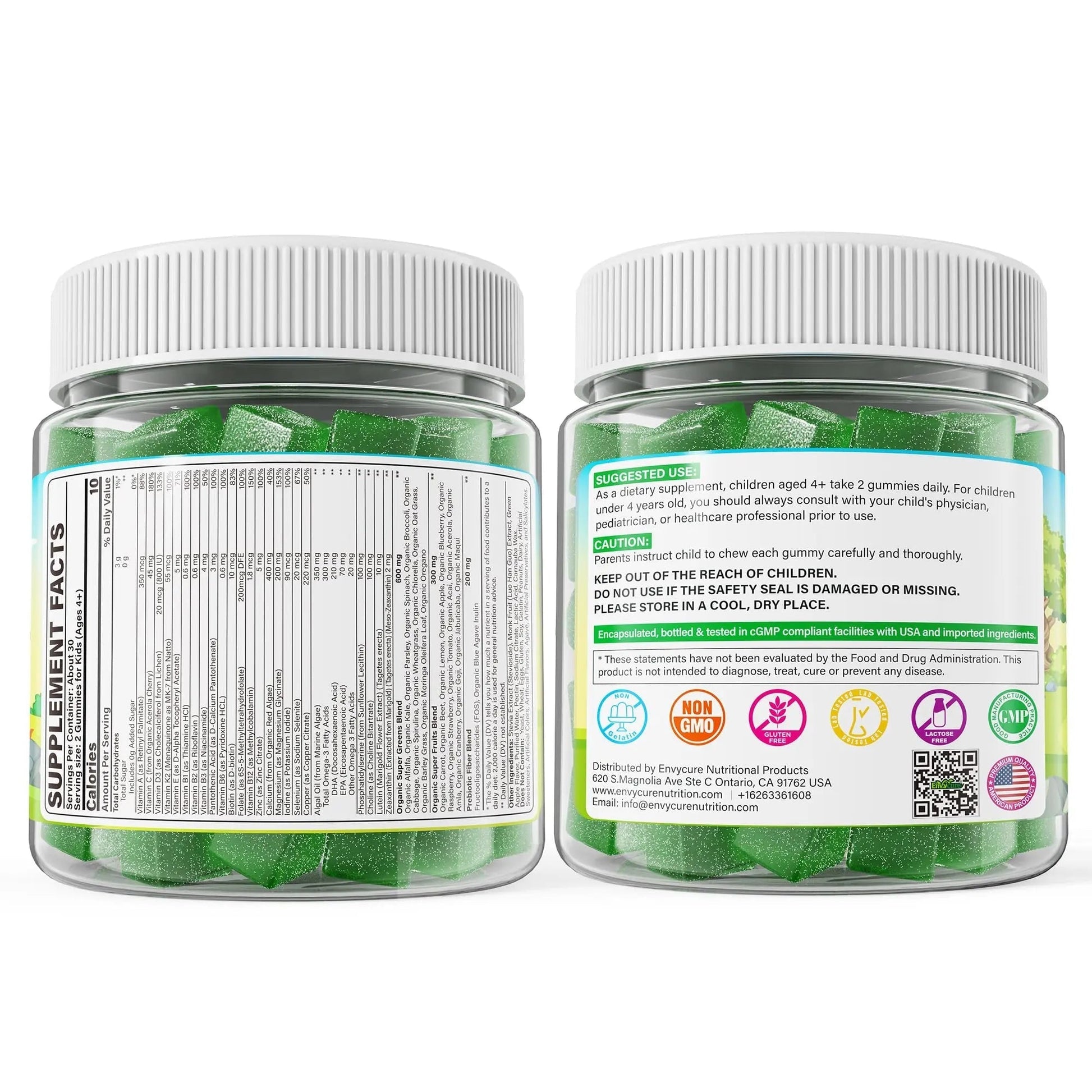 Kids Super Greens Gummies, w/Multivitamins, Spirulina, Chlorella, Spinach, Broccoli, Calcium, Omega-3 (DHA/EPA) EnvyCureAu supplements