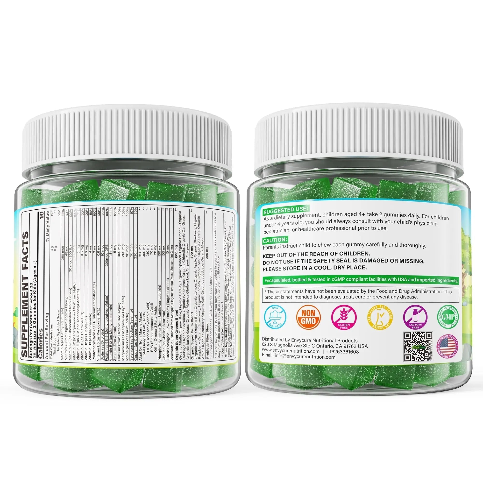 Kids Super Greens Gummies, w/Multivitamins, Spirulina, Chlorella, Spinach, Broccoli, Calcium, Omega-3 (DHA/EPA) EnvyCureAu supplements