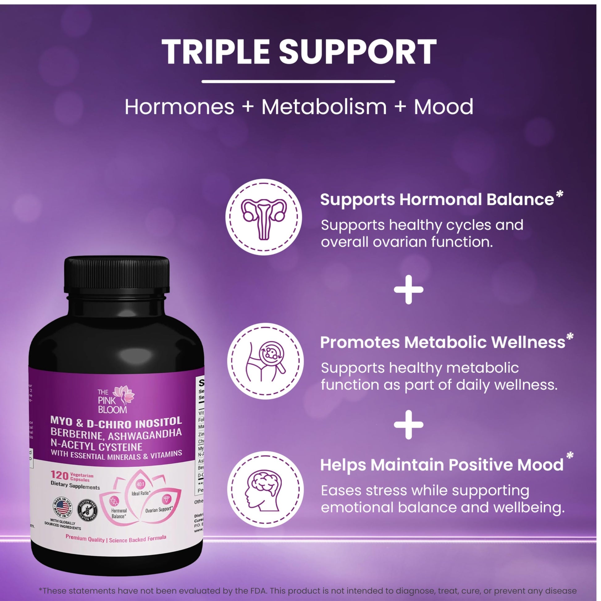 The Pink Bloom Myo & D-Chiro Inositol 40:1 Ratio – 120 Capsules | Myo Inositol Supplement for Women with Vitamin D, Ashwagandha, Folate & Zinc | Supplement for Hormone Balance & Ovarian Health The Pink BloomAu supplements
