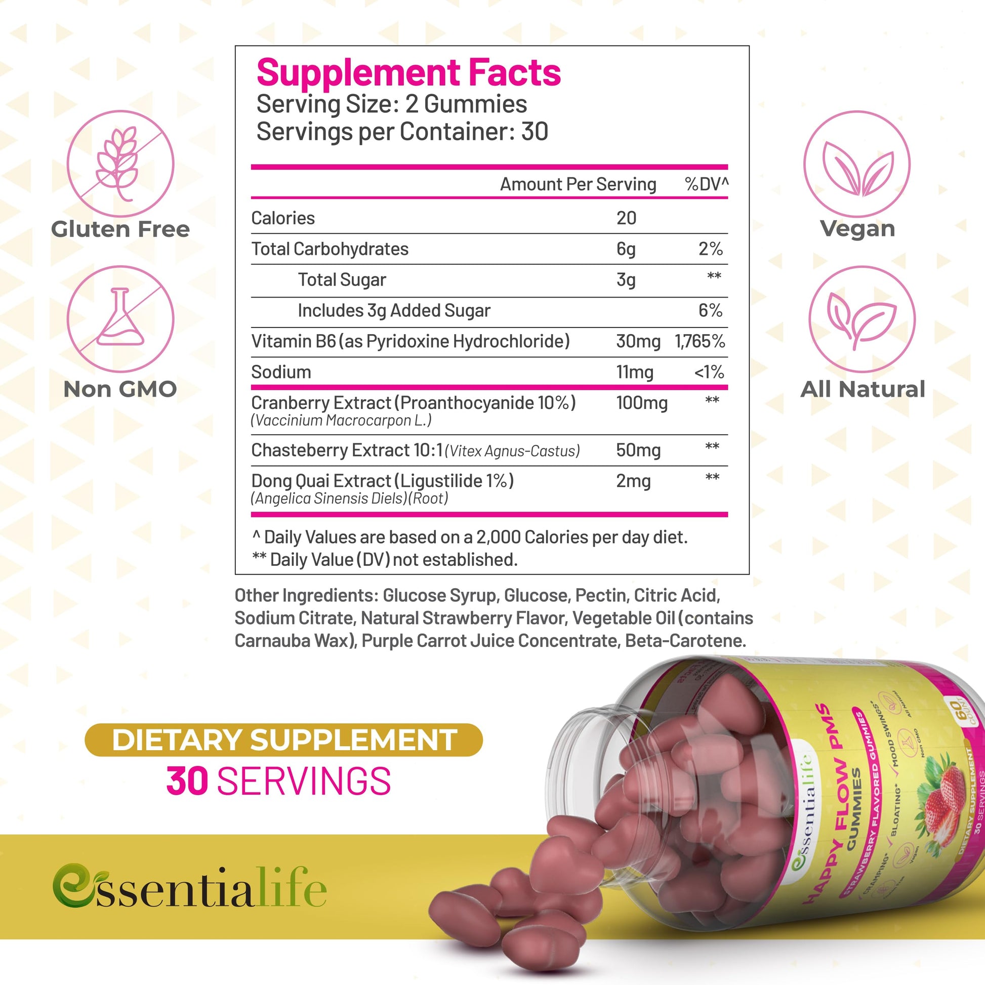 PMS Gummies - Happy Flow PMS Support Supplement for Women - Strawberry PMS Relief Supplement with Vitamin B6 for Hormone Balance, Period Support, Cramps, Hormonal Acne & Bloating Relief (60 Count) EssentialifeAu supplements