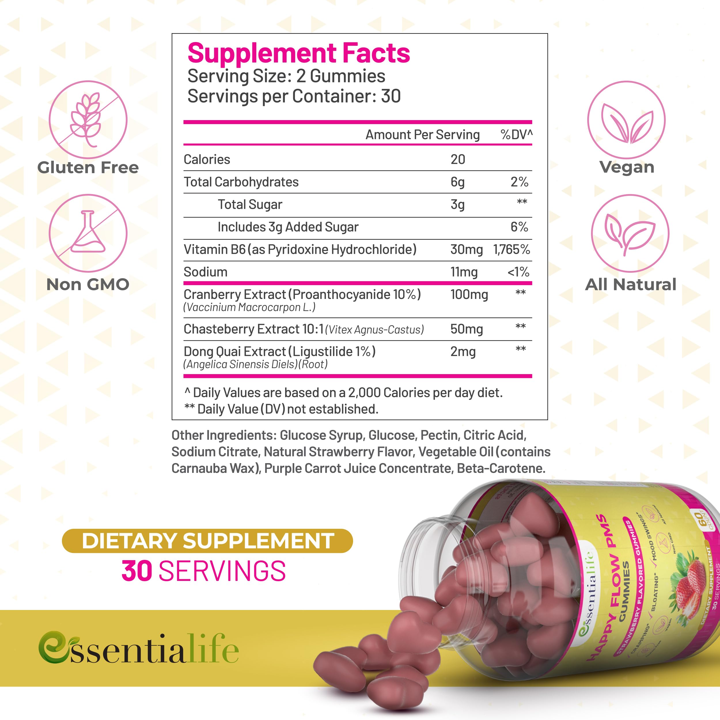PMS Gummies - Happy Flow PMS Support Supplement for Women - Strawberry PMS Relief Supplement with Vitamin B6 for Hormone Balance, Period Support, Cramps, Hormonal Acne & Bloating Relief (60 Count) EssentialifeAu supplements