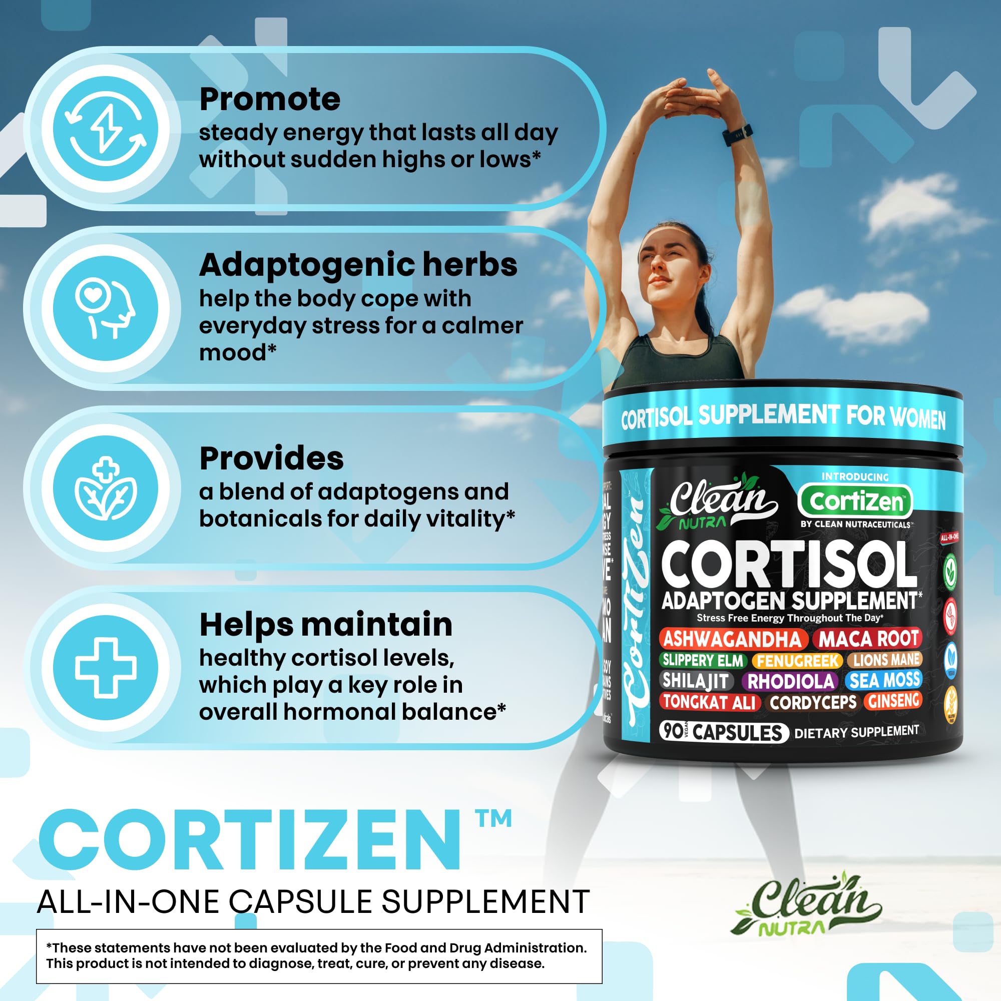 Clean Nutra Cortisol Supplements For Women | Maca Root Ashwagandha Cortisol Detox Manager Reducer + Slippery Elm Fenugreek Lions Mane Shilajit Rhodiola Sea Moss Tongkat Ali Cordyceps Ginseng Beet Root Clean NutraceuticalsAu supplements