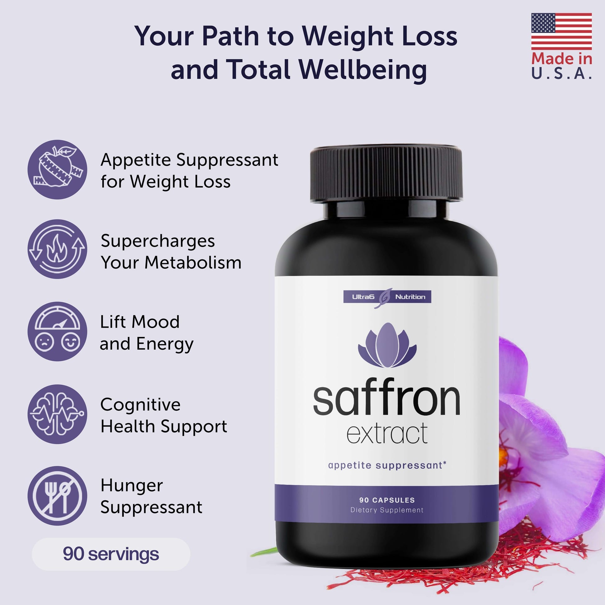 Pure Saffron Extract - Appetite Suppressant for Weight Loss Women & Men - Natural Hunger Ultra6 NutritionUS supplements