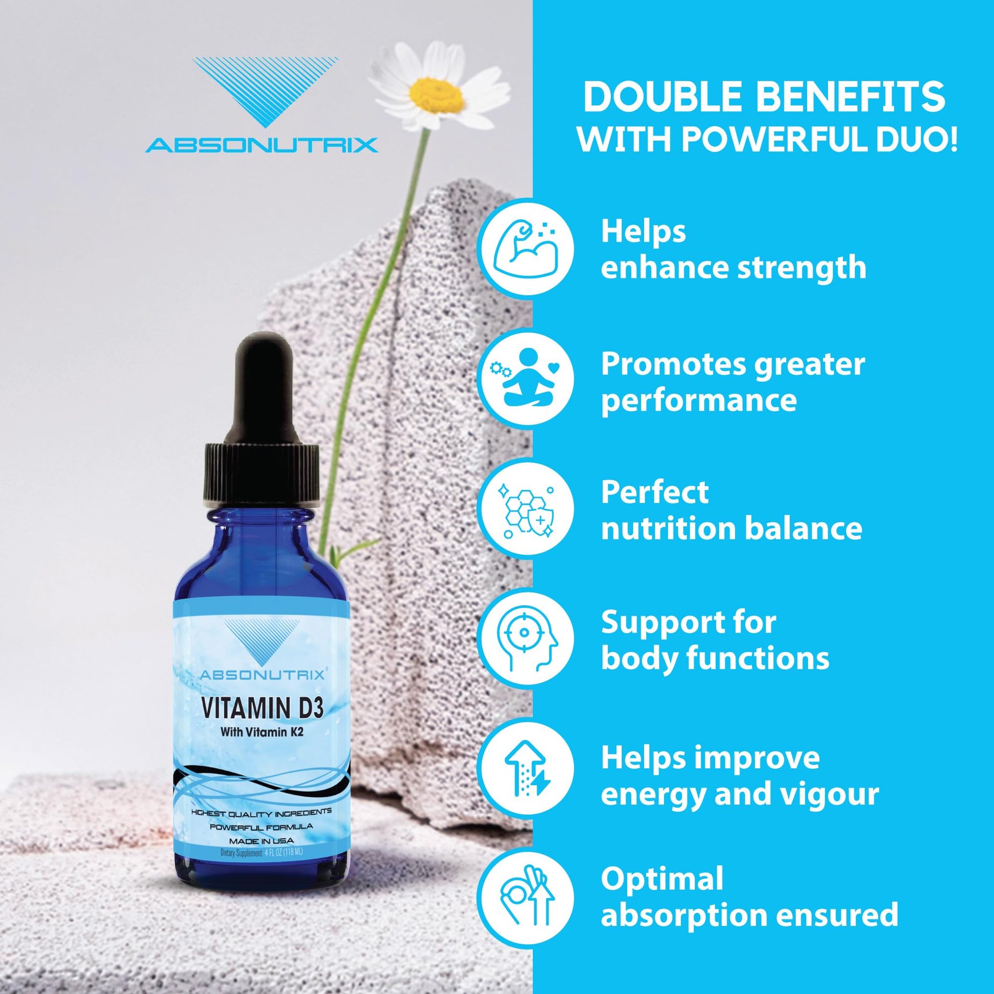 Absonutrix Vitamin D3 K2 Drops, 390mg, 4 Oz Liquid, 302 Servings, Made in USA, Quick Absorption, Quality Potent Ingredients, Non-GMO, GMP Certified, Cruelty-Free Products, Bone Strength Supplements AbsonutrixAu supplements