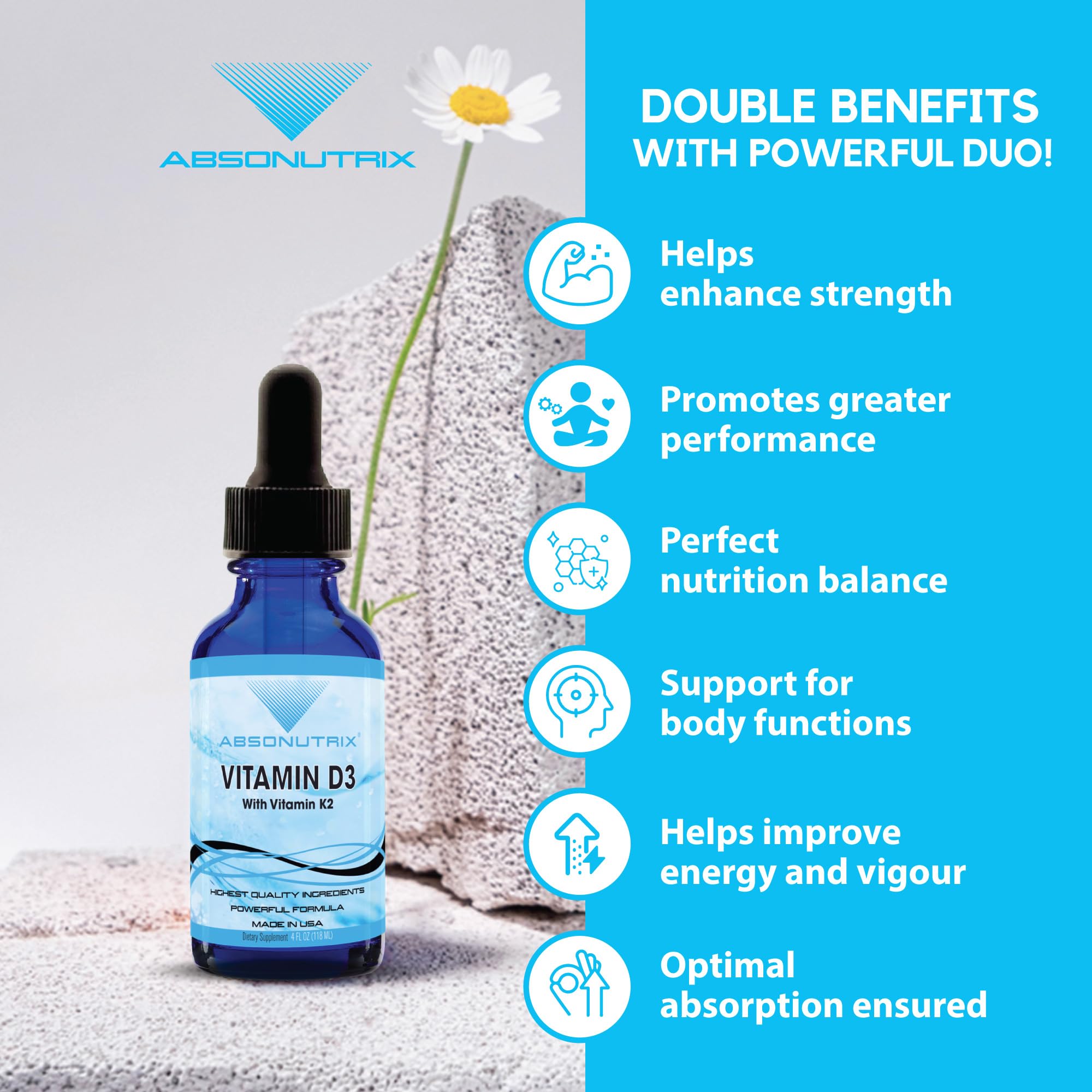 Absonutrix Vitamin D3 K2 Drops, 390mg, 4 Oz Liquid, 302 Servings, Made in USA, Quick Absorption, Quality Potent Ingredients, Non-GMO, GMP Certified, Cruelty-Free Products, Bone Strength Supplements AbsonutrixAu supplements