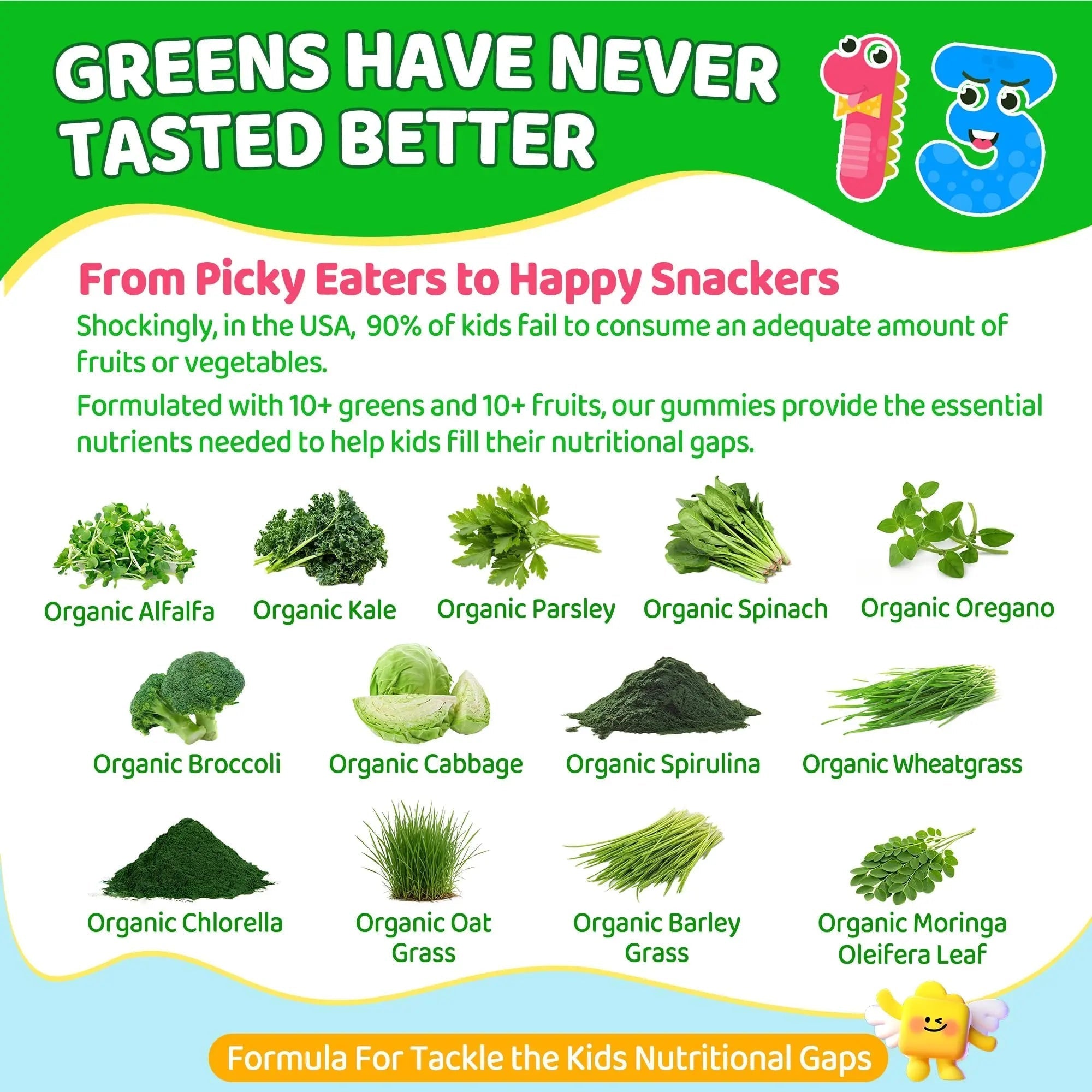 Kids Super Greens Gummies, w/Multivitamins, Spirulina, Chlorella, Spinach, Broccoli, Calcium, Omega-3 (DHA/EPA) EnvyCureAu supplements
