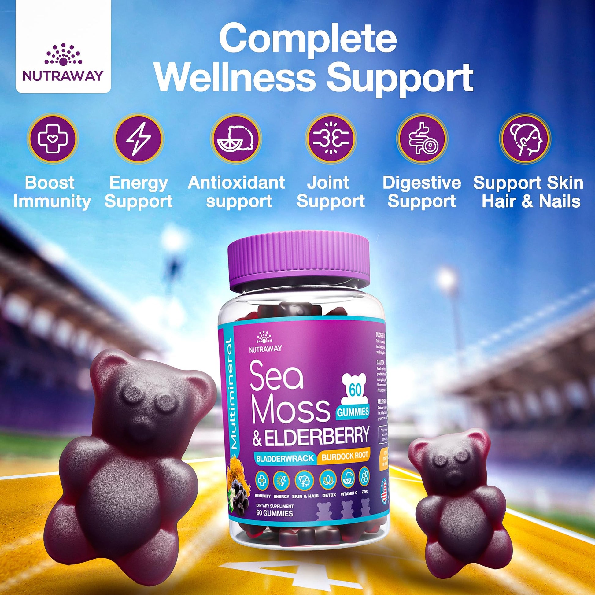 NUTRAWAY LABS Sea Moss Gummies with Elderberry, Vitamin C & Zinc - 102 Minerals from Irish Sea Moss, Bladderwrack & Burdock Root for Immune Support - Vegan Seamoss Supplement (Pack of 1) NUTRAWAY LABSAu supplements