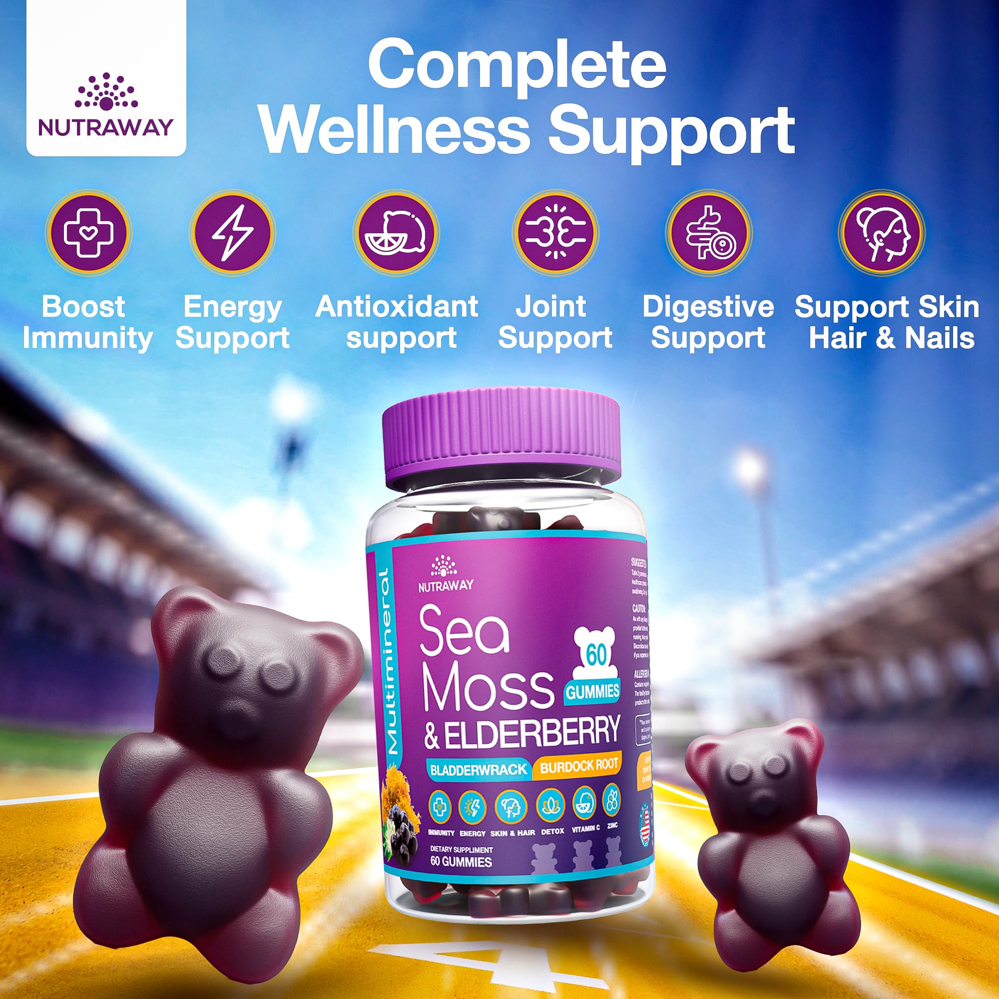 NUTRAWAY LABS Sea Moss Gummies with Elderberry, Vitamin C & Zinc - 102 Minerals from Irish Sea Moss, Bladderwrack & Burdock Root for Immune Support - Vegan Seamoss Supplement (Pack of 1) NUTRAWAY LABSAu supplements