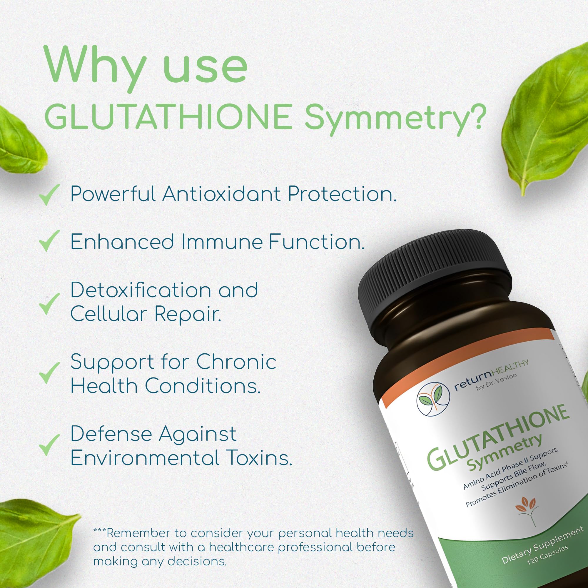 Return Healthy Glutathione Symmetry | S-Acetyl Glutathione Supplement | Antioxidants & Detoxification Supplement | Natural Cellular Support | All-Natural, Vegan, Non-GMO, 120 caps Return HealthyAu supplements