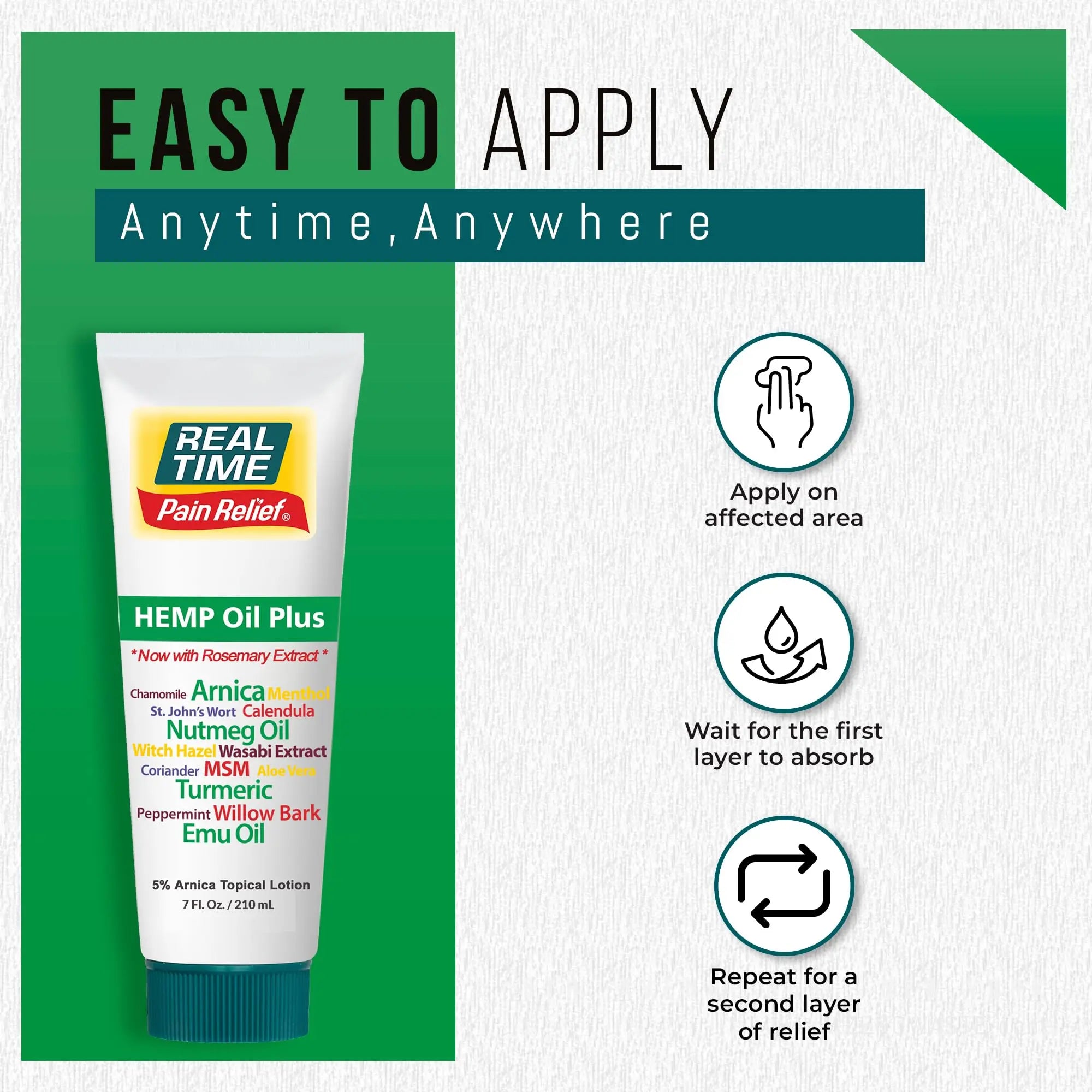 Real Time Pain Relief Hemp Oil Plus 7 oz Tube | 20 Natural Ingredients: 5% Arnica, Turmeric & More | Fast-Absorbing Lotion for Muscles, Hands, Feet, Ankles, Back, Shoulders & Knees Real Time Pain ReliefAu supplements