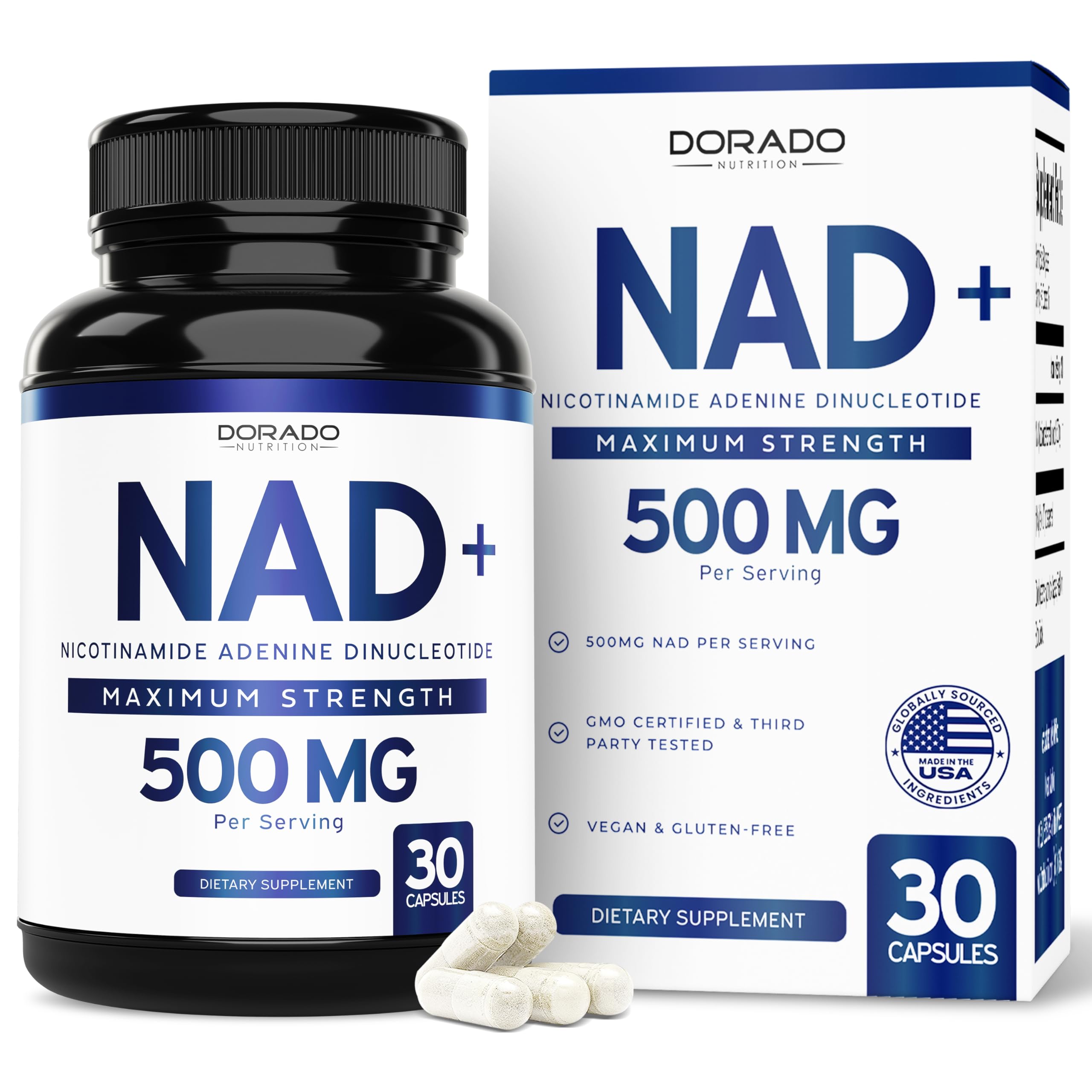 NAD Supplement (500mg of 95% Pure NAD+ Per Serving) NMN Supplement, NAD Nicotinamide Riboside Support (Third Party Tested, Vegan Safe, Non-GMO, No Fillers, & Made in the USA - 30 Vegan Capsules) DORADO NUTRITIONAu supplements